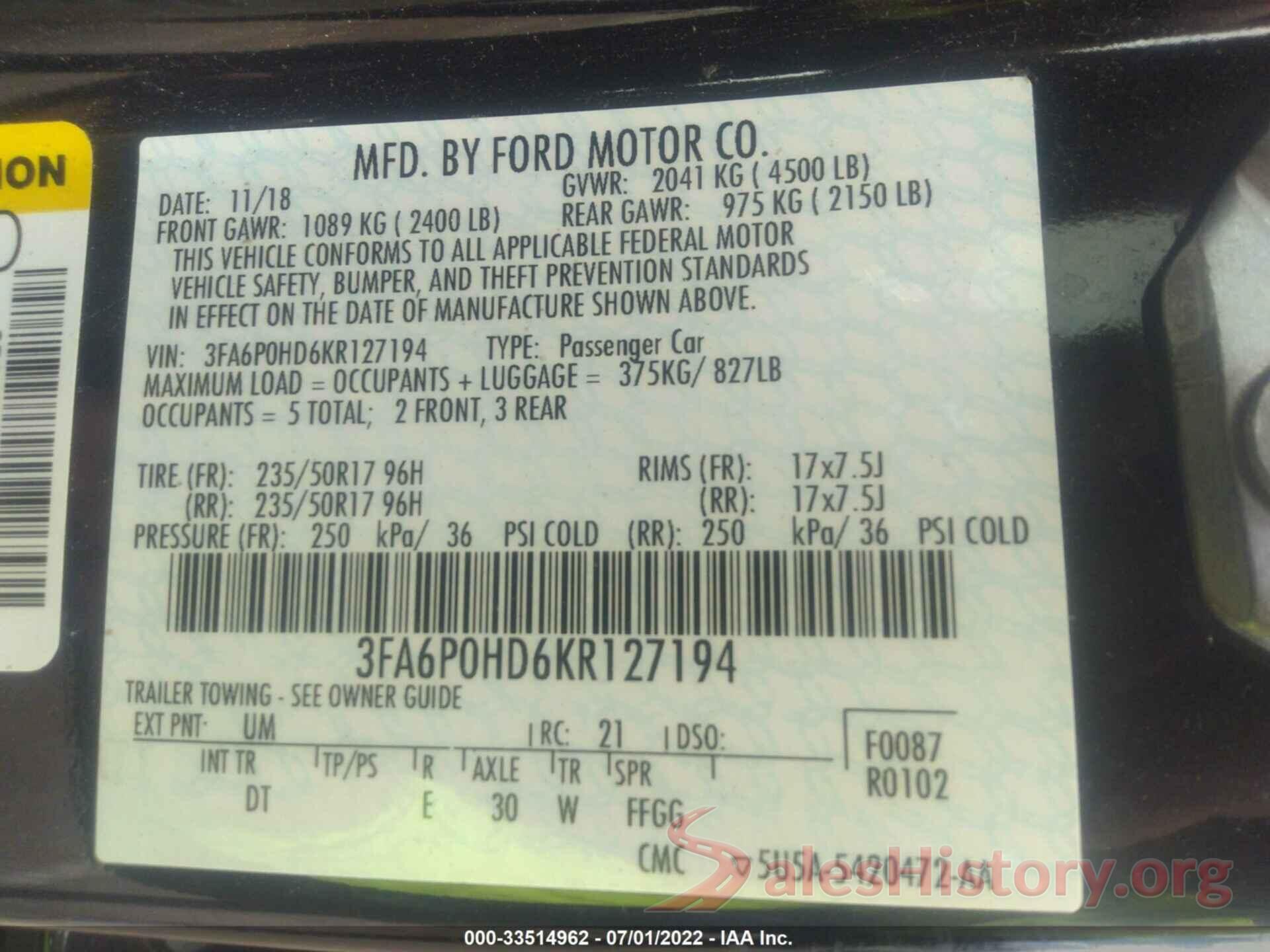 3FA6P0HD6KR127194 2019 FORD FUSION