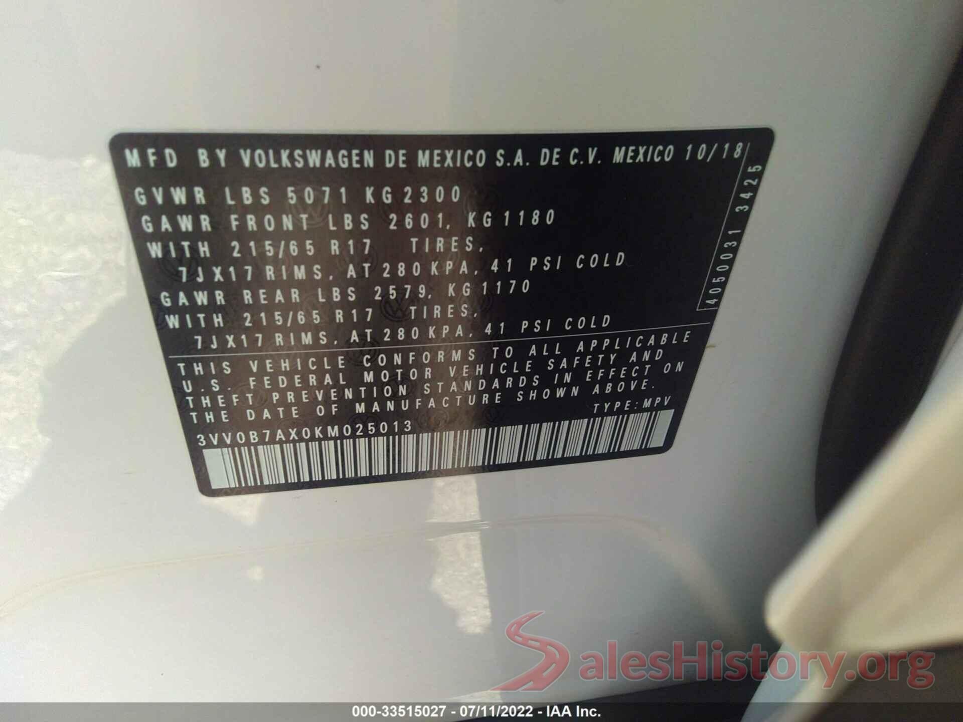 3VV0B7AX0KM025013 2019 VOLKSWAGEN TIGUAN