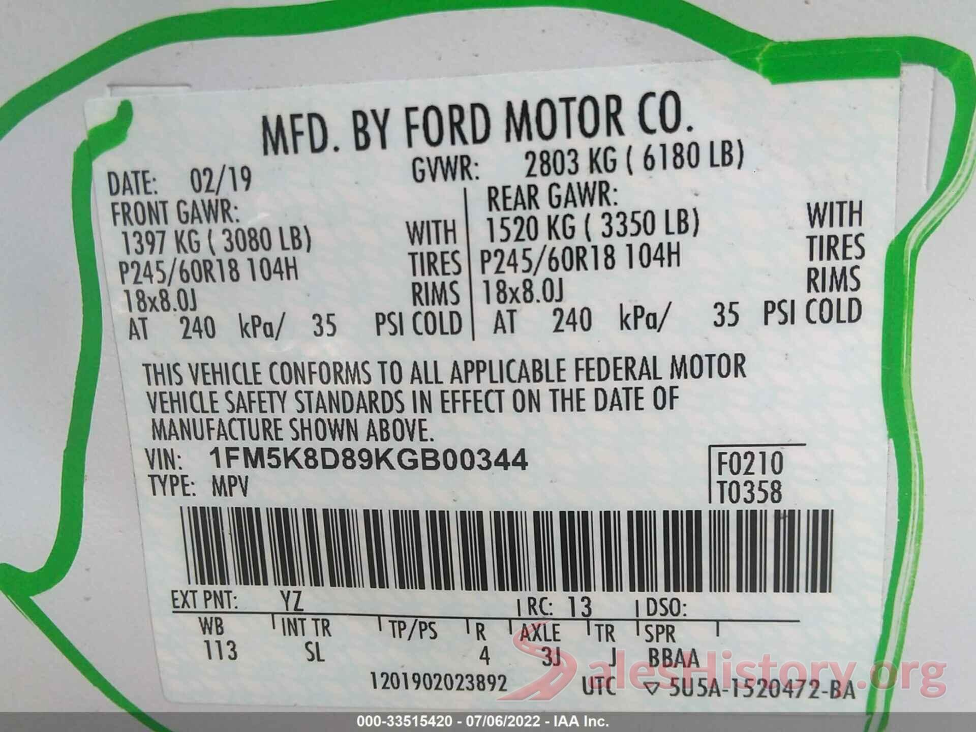 1FM5K8D89KGB00344 2019 FORD EXPLORER