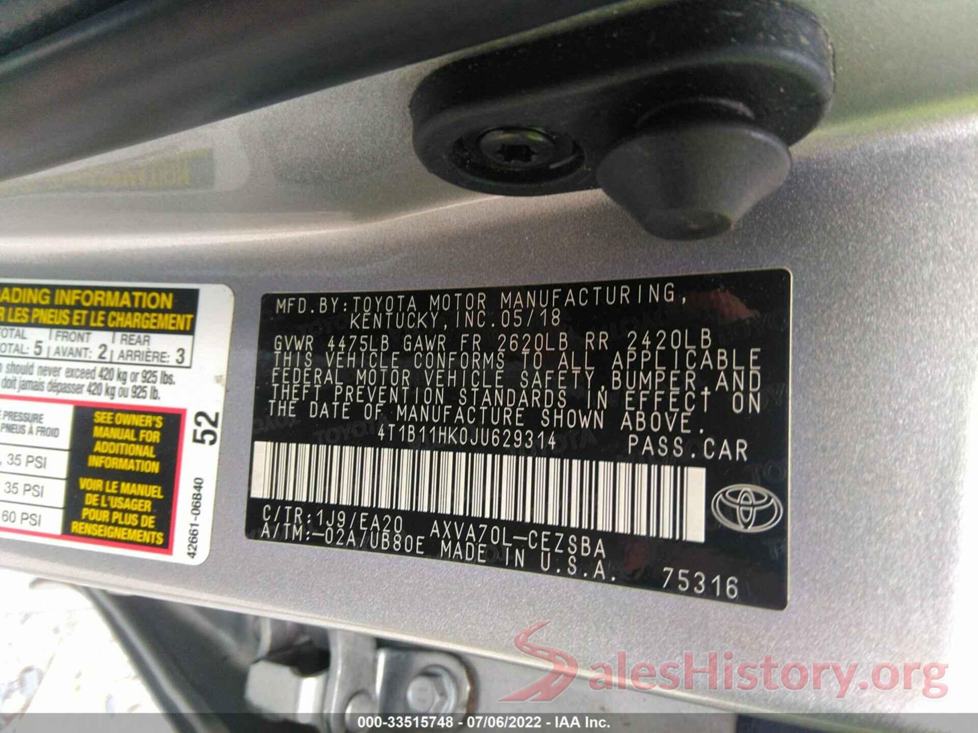 4T1B11HK0JU629314 2018 TOYOTA CAMRY