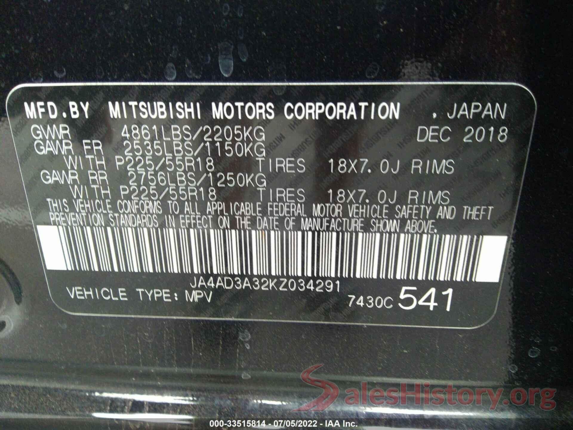 JA4AD3A32KZ034291 2019 MITSUBISHI OUTLANDER