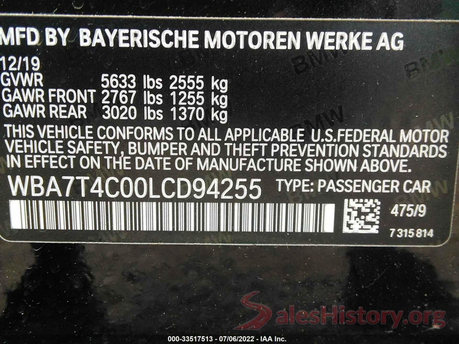 WBA7T4C00LCD94255 2020 BMW 7 SERIES