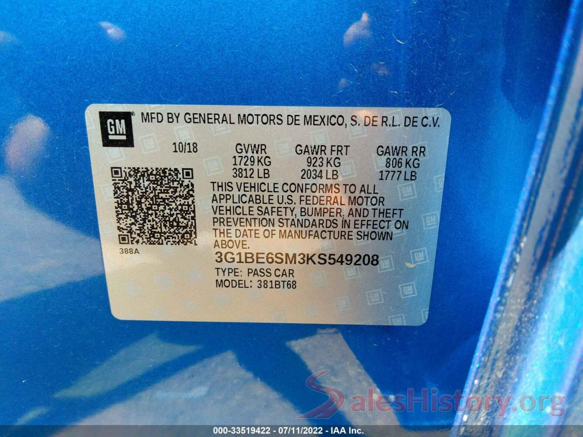 3G1BE6SM3KS549208 2019 CHEVROLET CRUZE