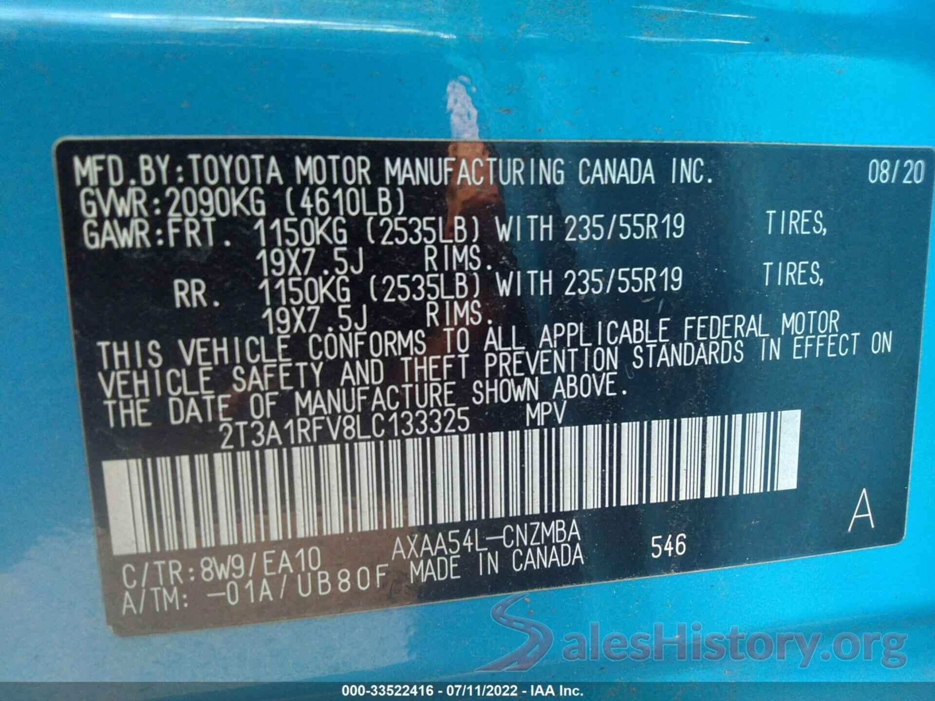 2T3A1RFV8LC133325 2020 TOYOTA RAV4