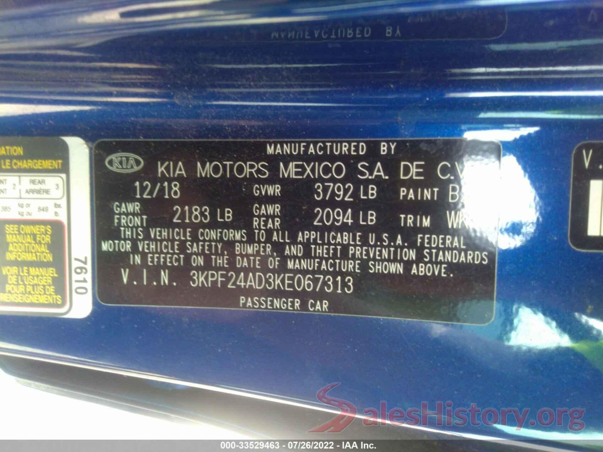 3KPF24AD3KE067313 2019 KIA FORTE