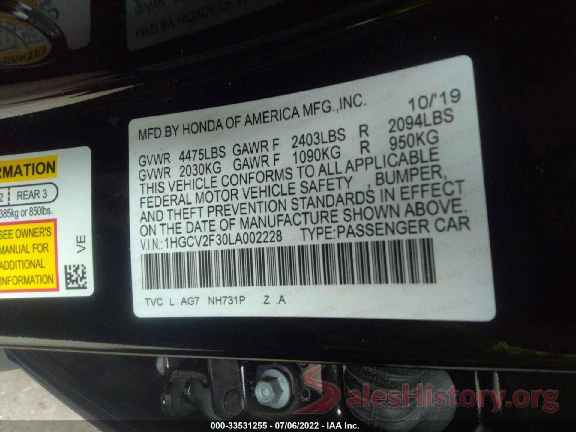 1HGCV2F30LA002228 2020 HONDA ACCORD SEDAN