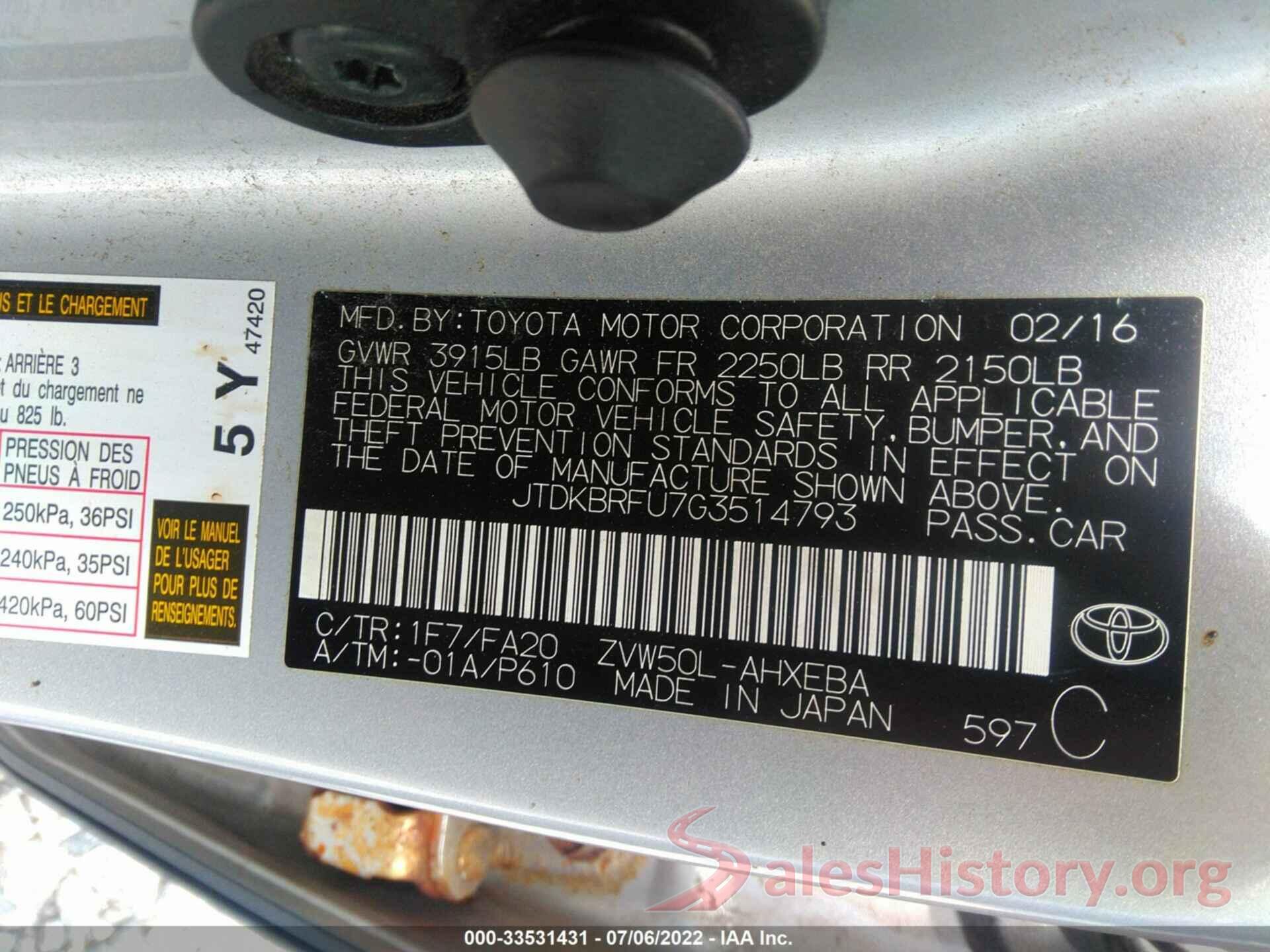 JTDKBRFU7G3514793 2016 TOYOTA PRIUS