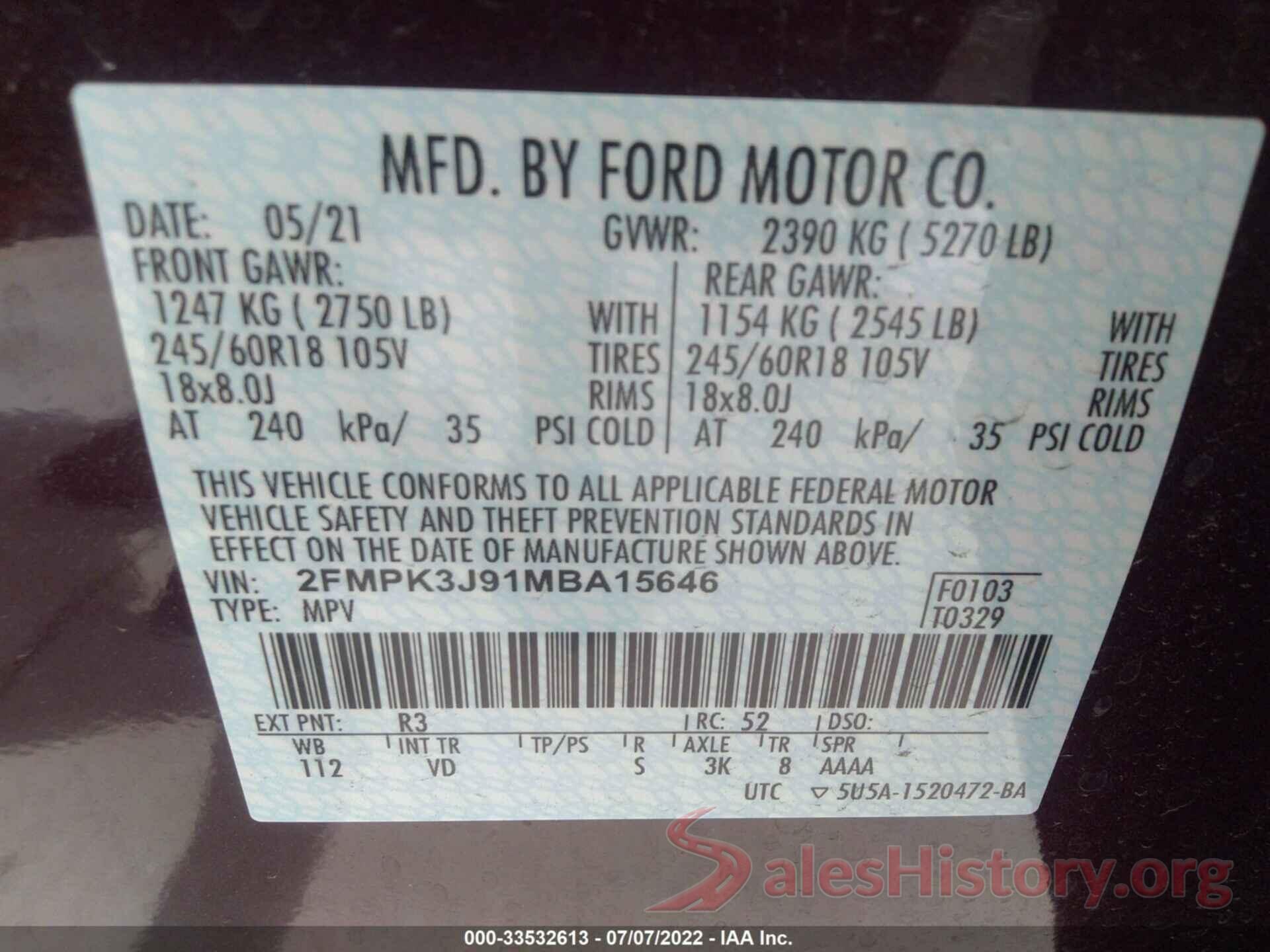 2FMPK3J91MBA15646 2021 FORD EDGE