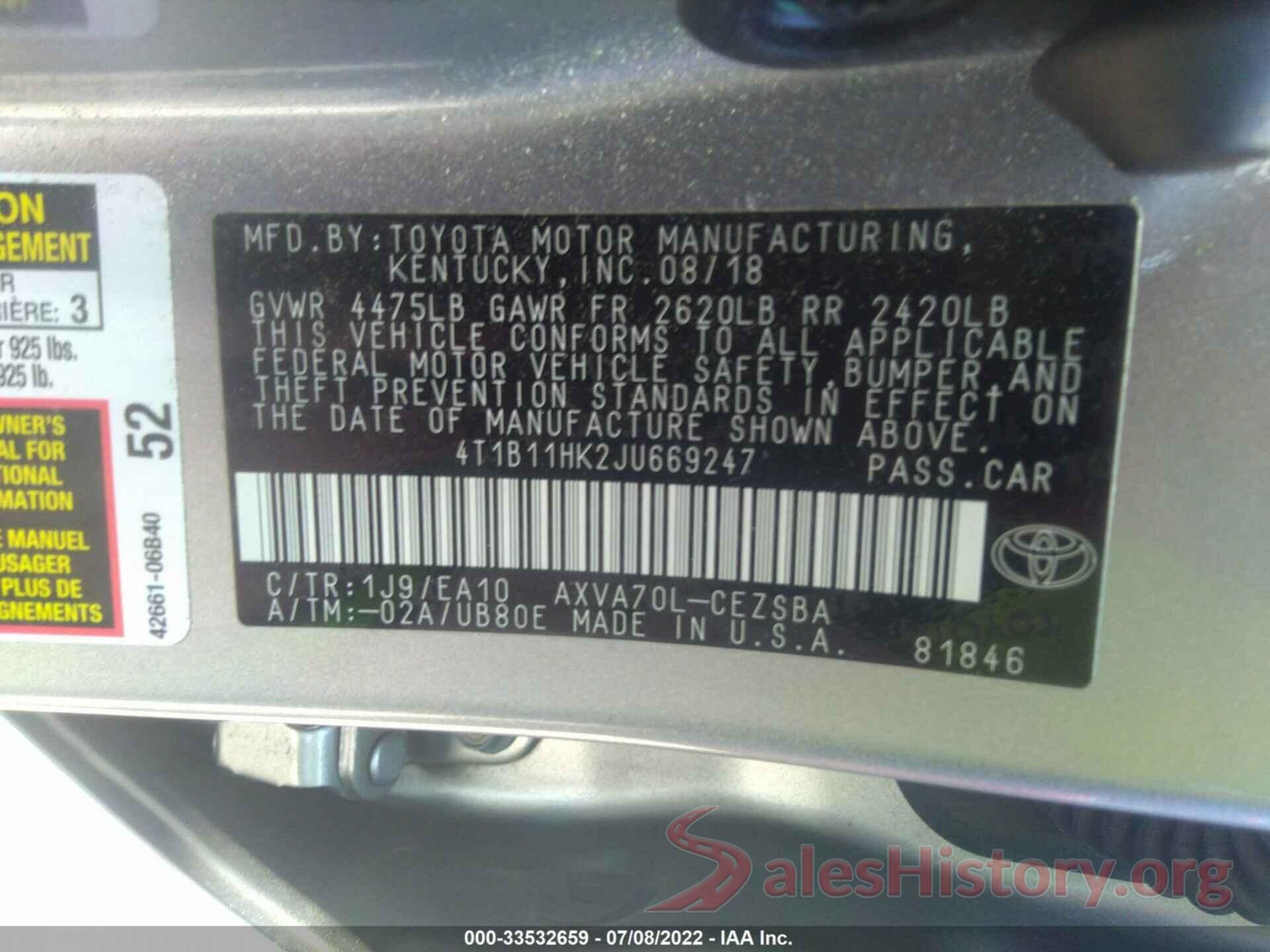 4T1B11HK2JU669247 2018 TOYOTA CAMRY