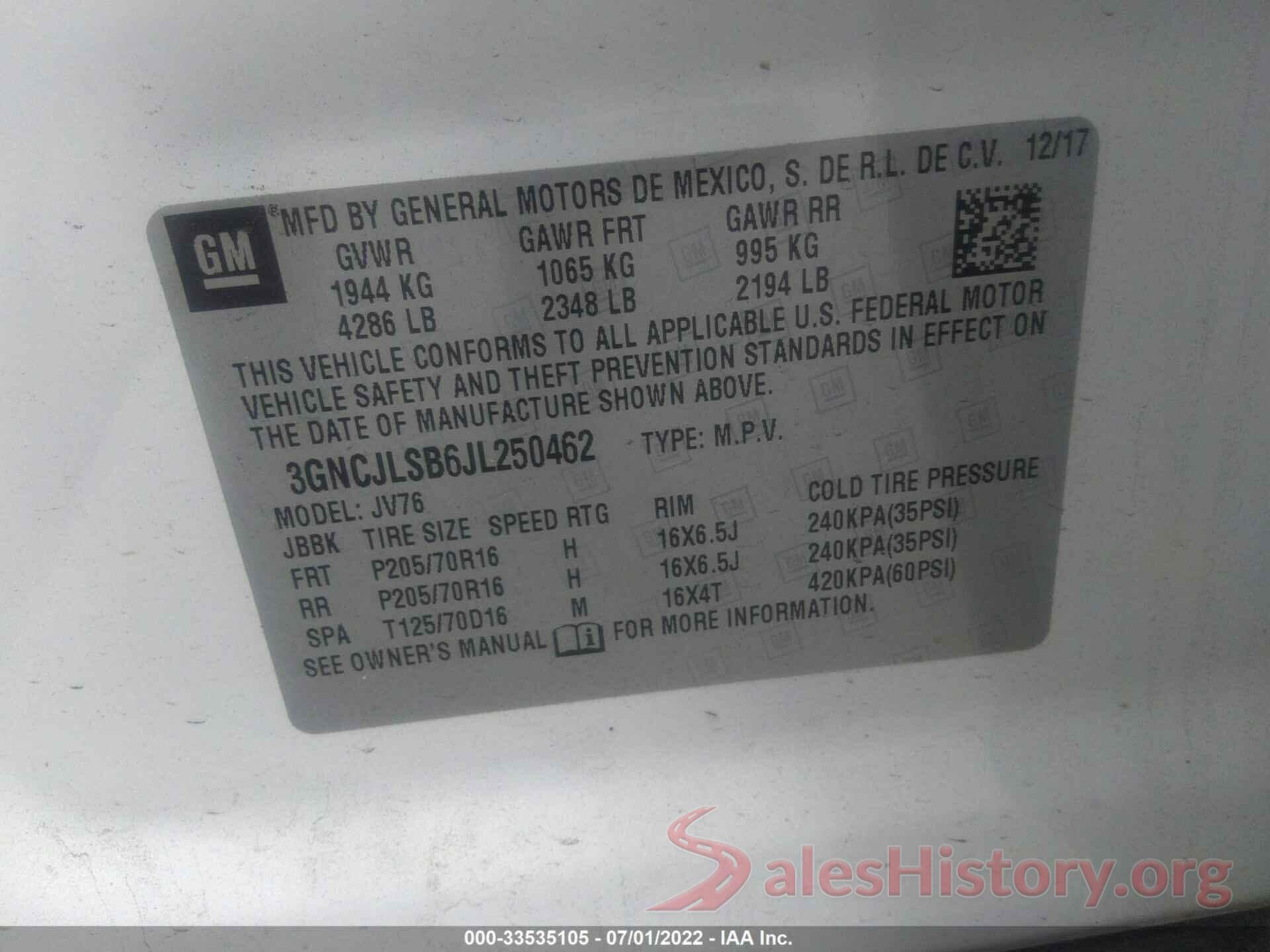 3GNCJLSB6JL250462 2018 CHEVROLET TRAX