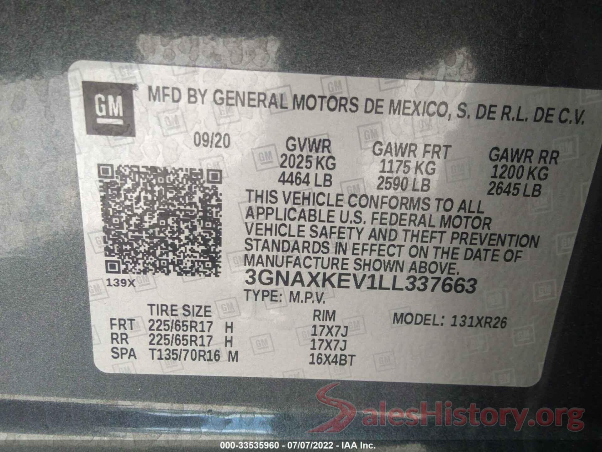 3GNAXKEV1LL337663 2020 CHEVROLET EQUINOX