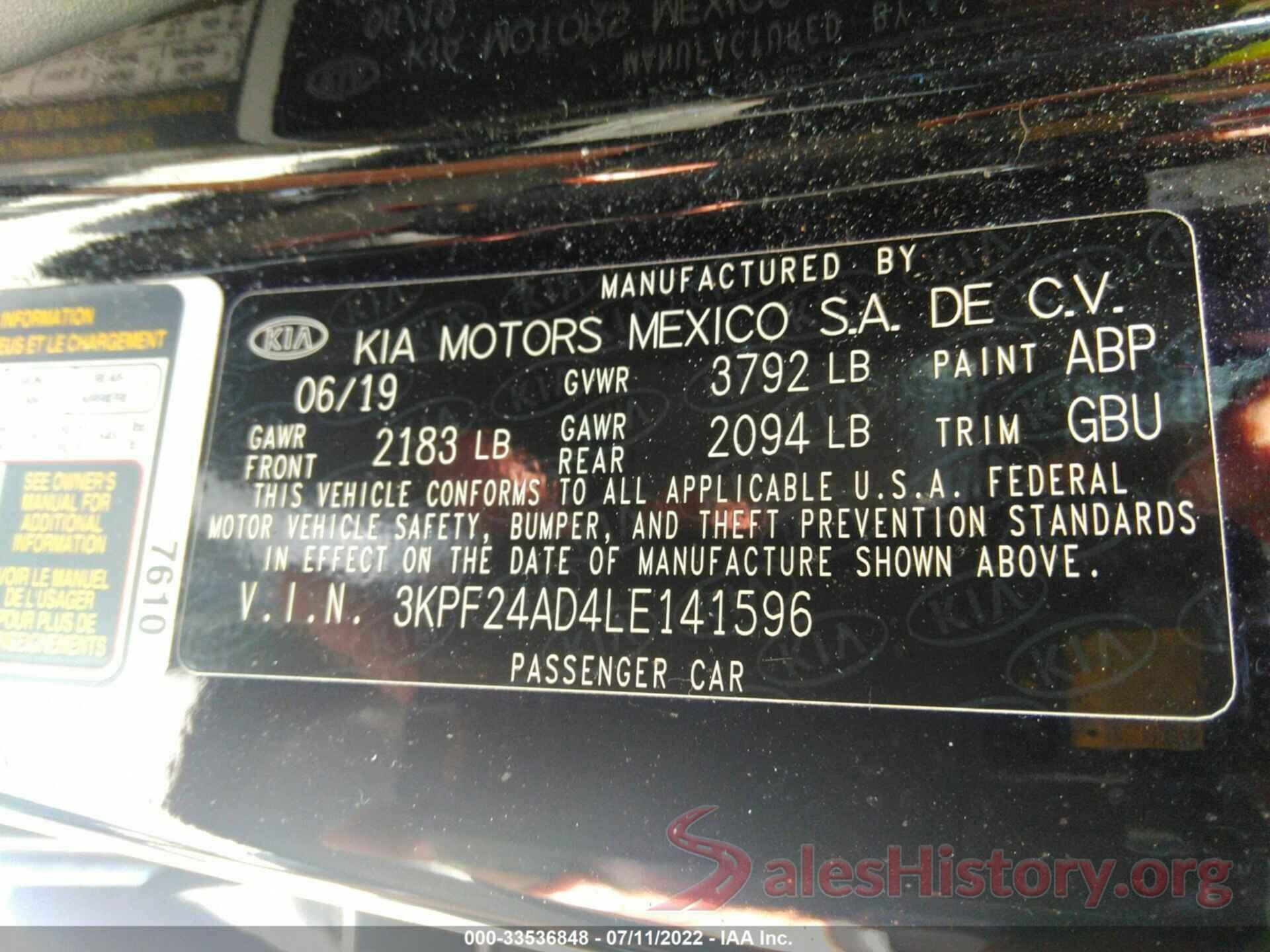 3KPF24AD4LE141596 2020 KIA FORTE