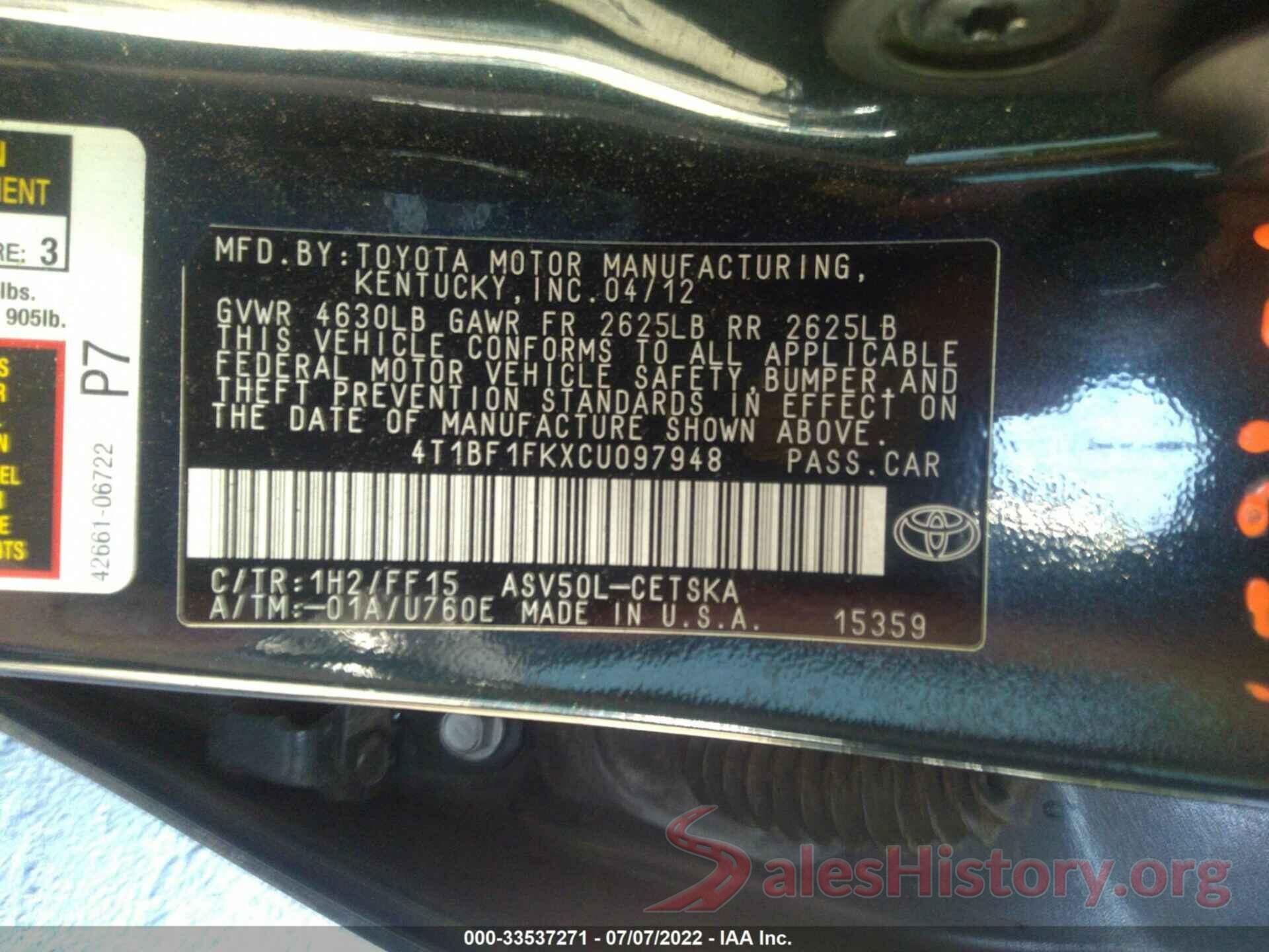 4T1BF1FKXCU097948 2012 TOYOTA CAMRY