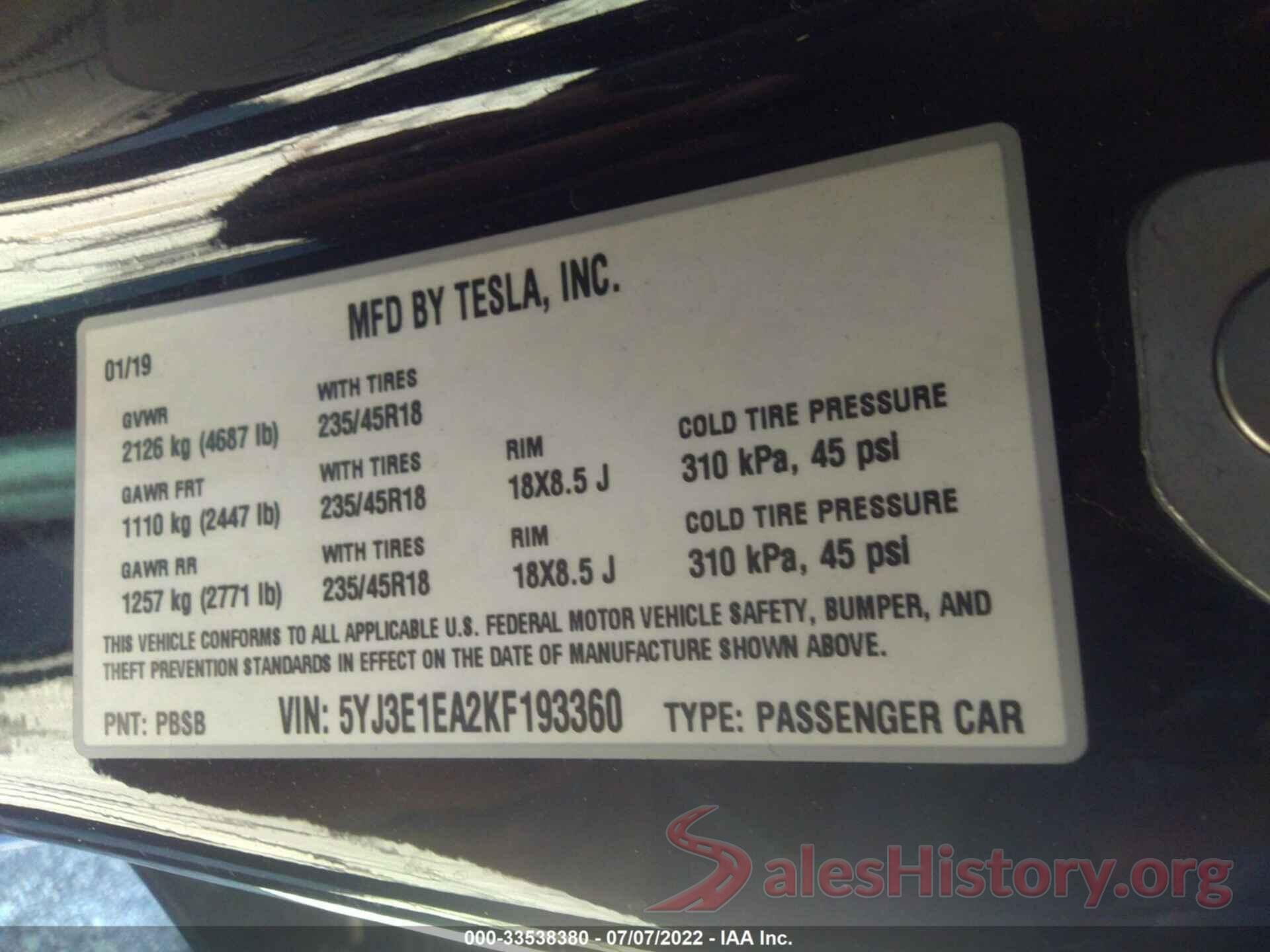 5YJ3E1EA2KF193360 2019 TESLA MODEL 3