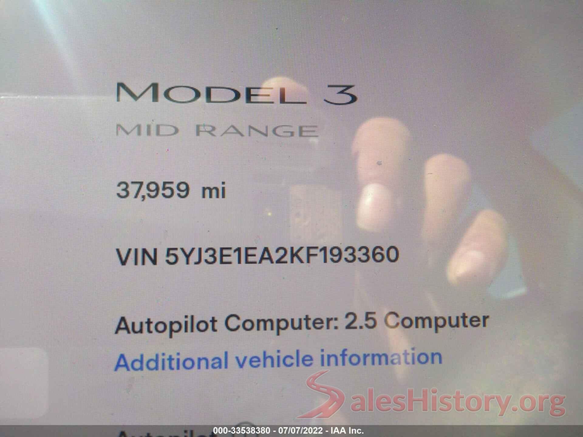 5YJ3E1EA2KF193360 2019 TESLA MODEL 3