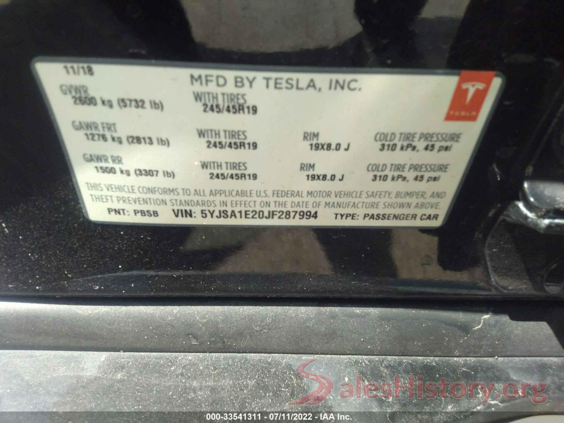 5YJSA1E20JF287994 2018 TESLA MODEL S