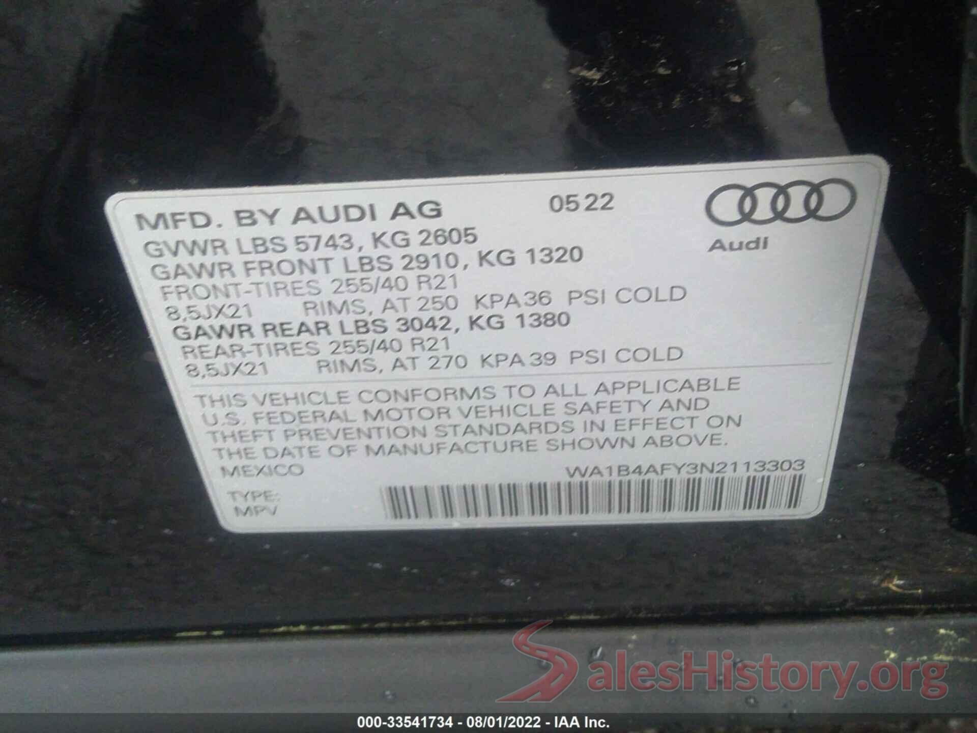 WA1B4AFY3N2113303 2022 AUDI SQ5