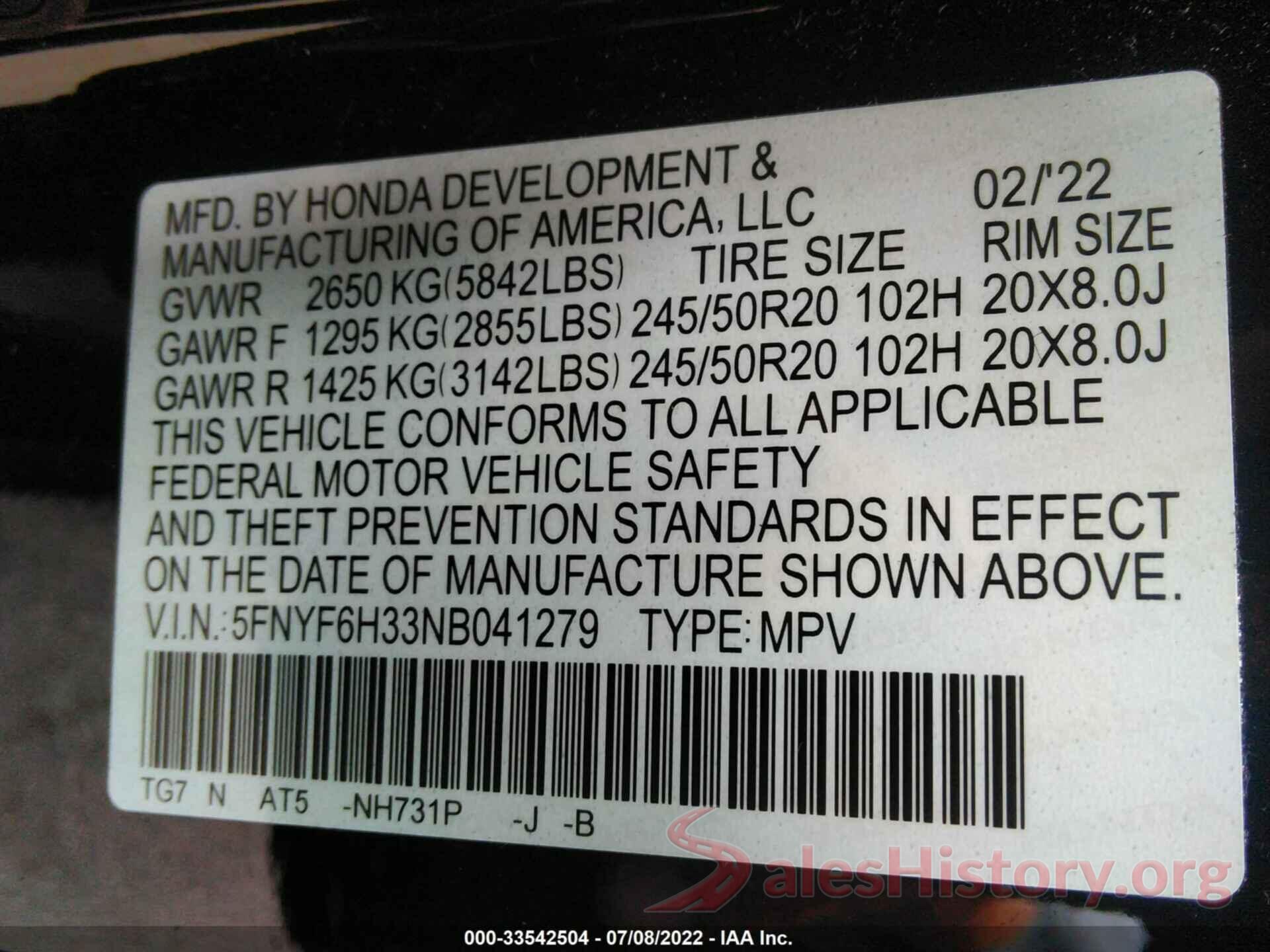 5FNYF6H33NB041279 2022 HONDA PILOT