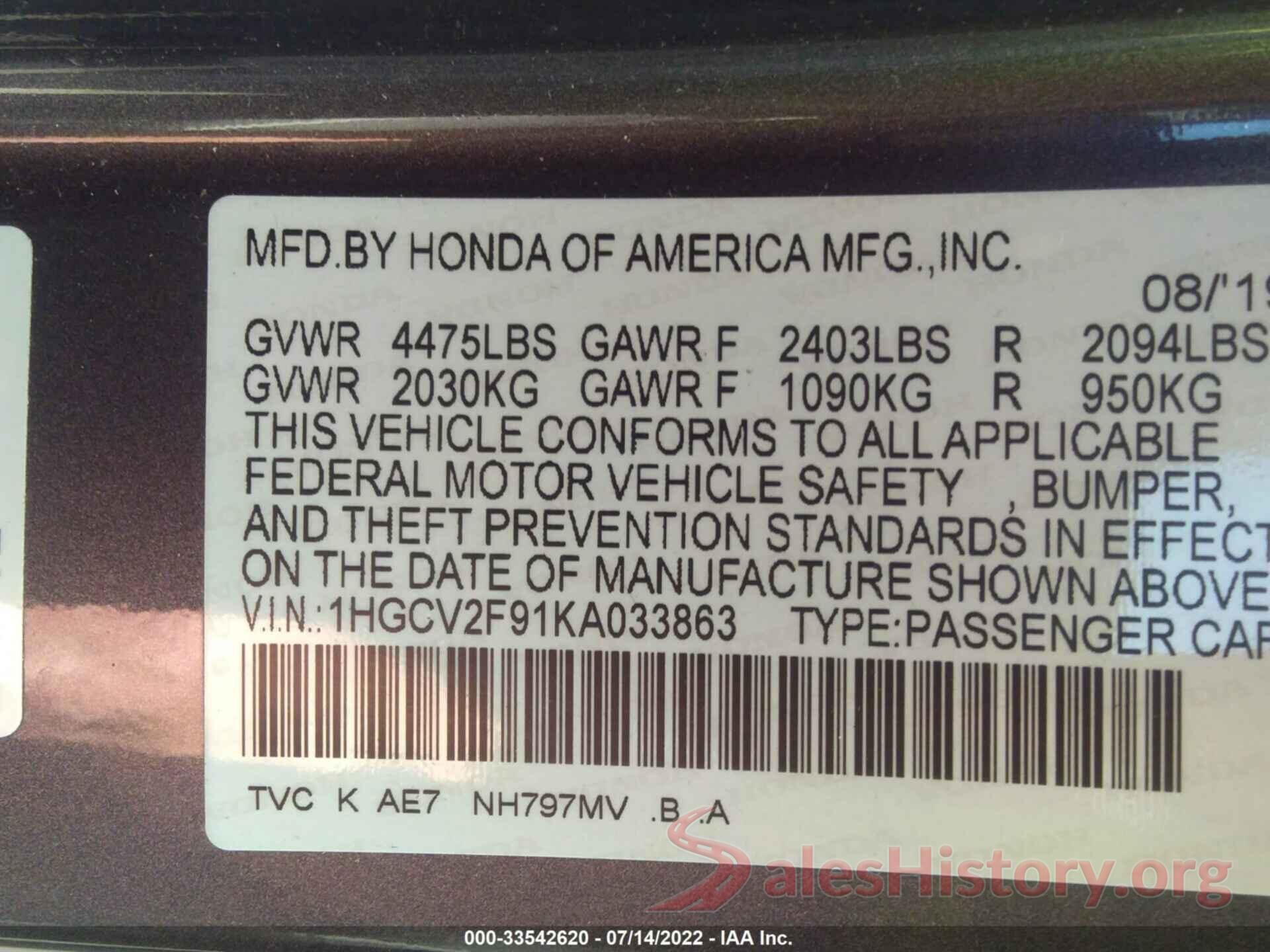 1HGCV2F91KA033863 2019 HONDA ACCORD SEDAN