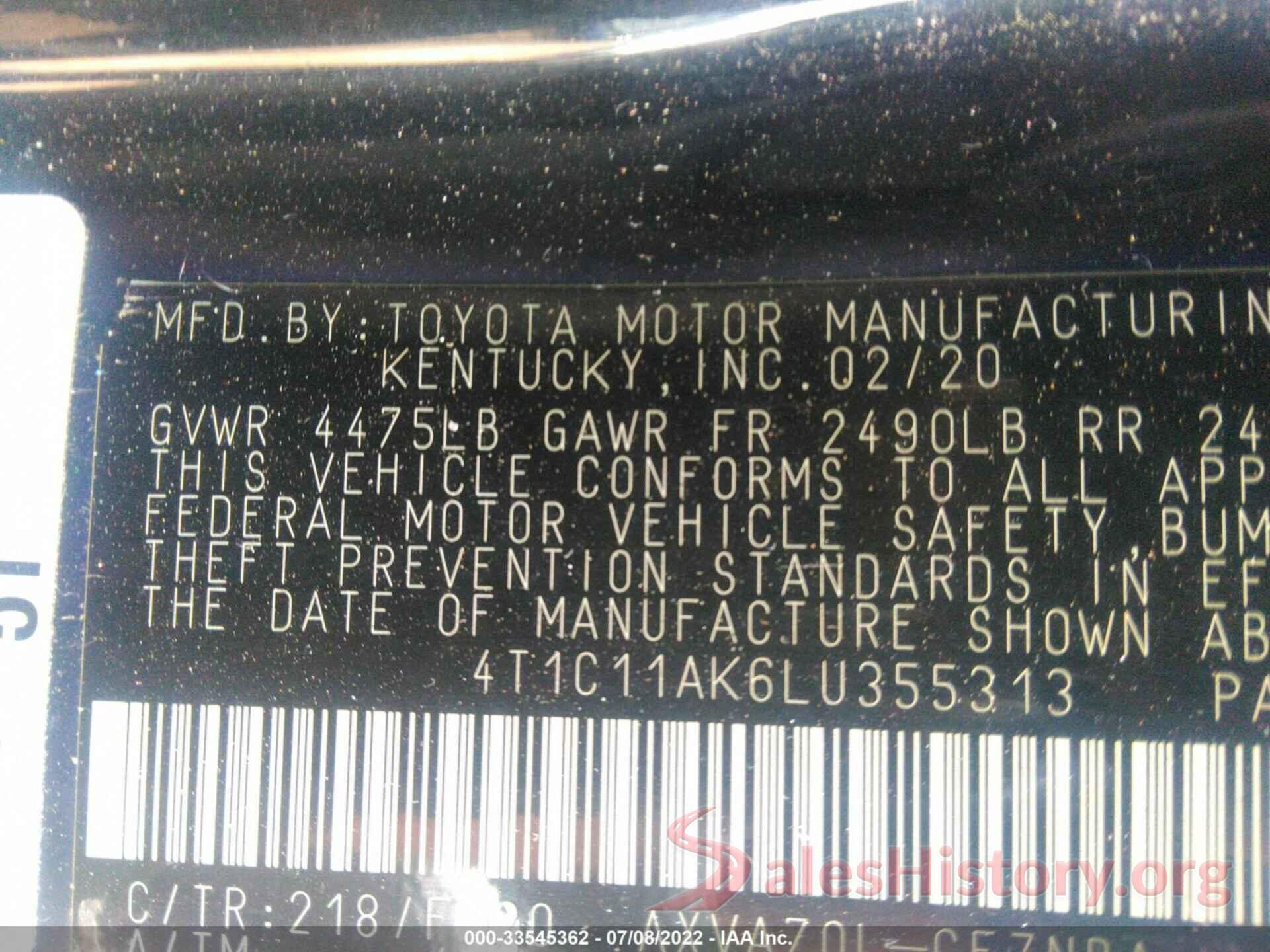 4T1C11AK6LU355313 2020 TOYOTA CAMRY