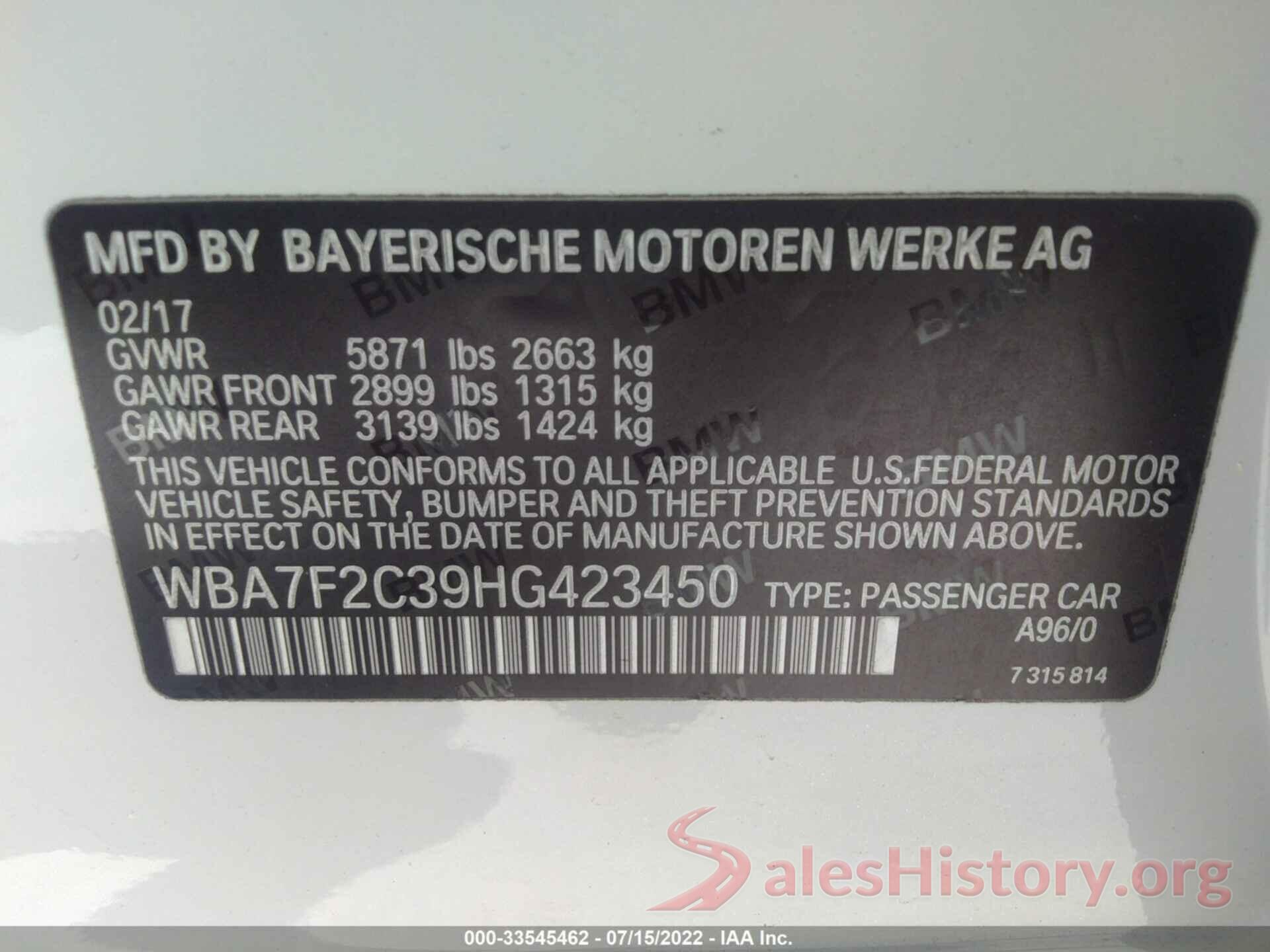 WBA7F2C39HG423450 2017 BMW 7 SERIES