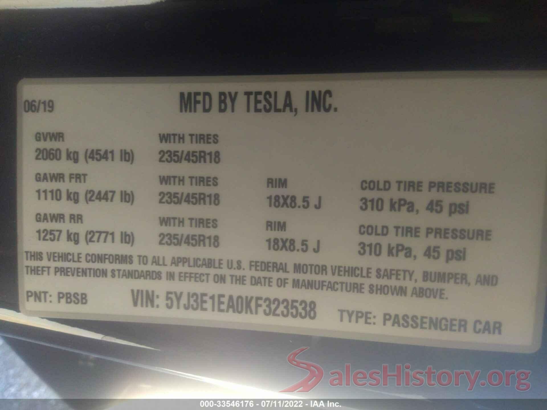 5YJ3E1EA0KF323538 2019 TESLA MODEL 3