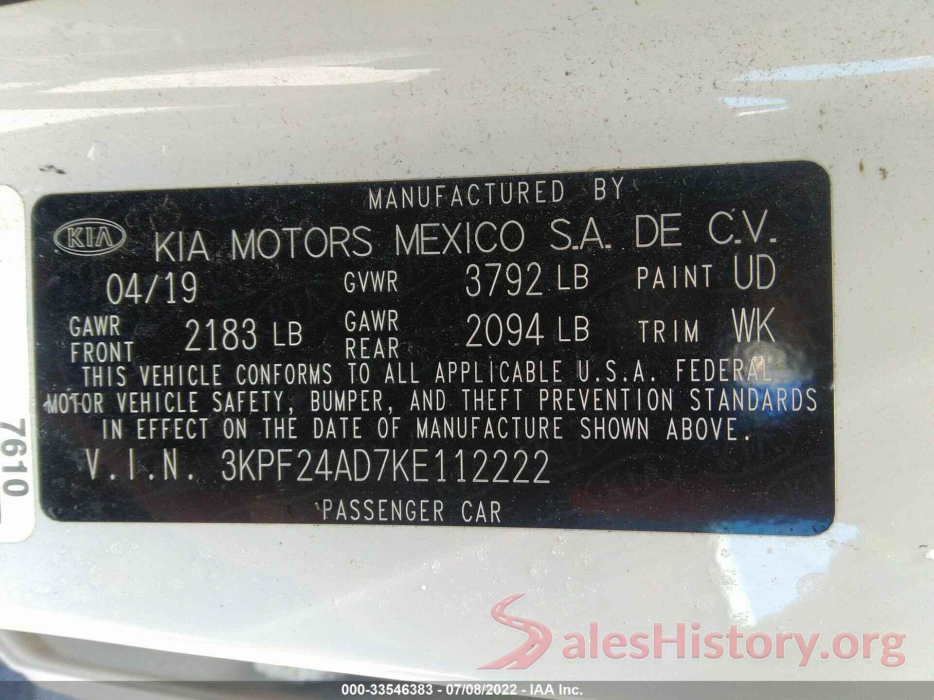 3KPF24AD7KE112222 2019 KIA FORTE