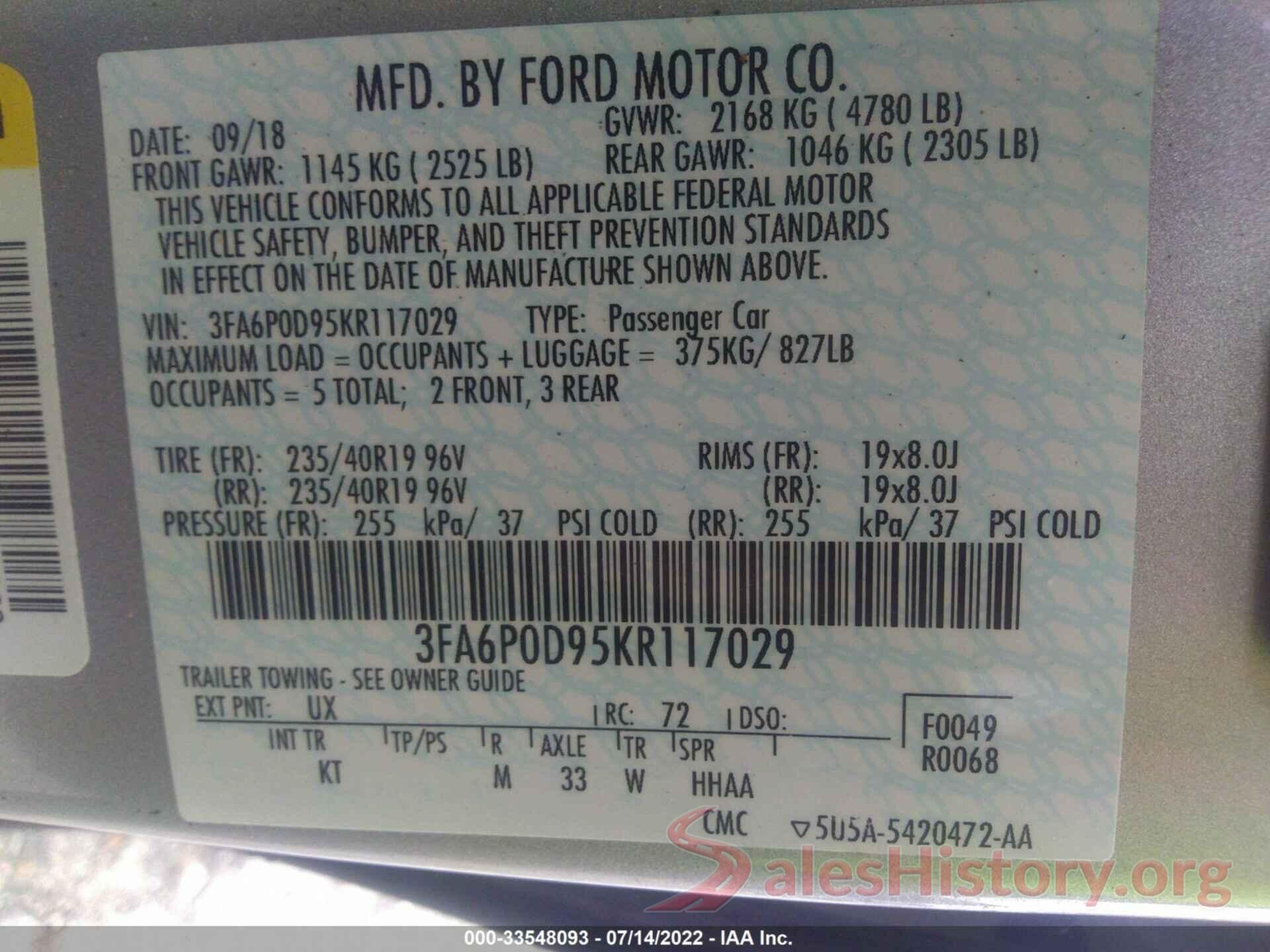 3FA6P0D95KR117029 2019 FORD FUSION