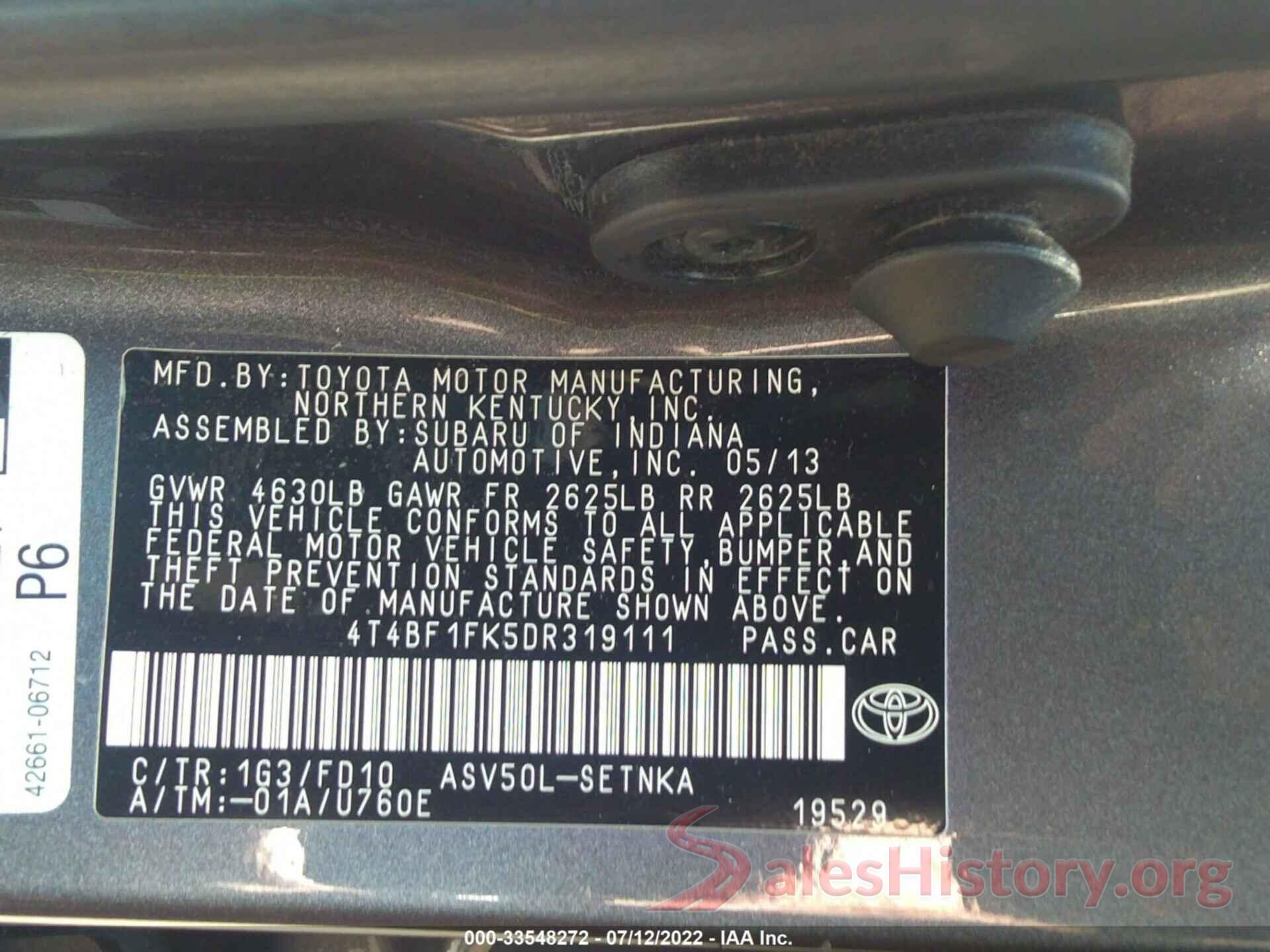 4T4BF1FK5DR319111 2013 TOYOTA CAMRY