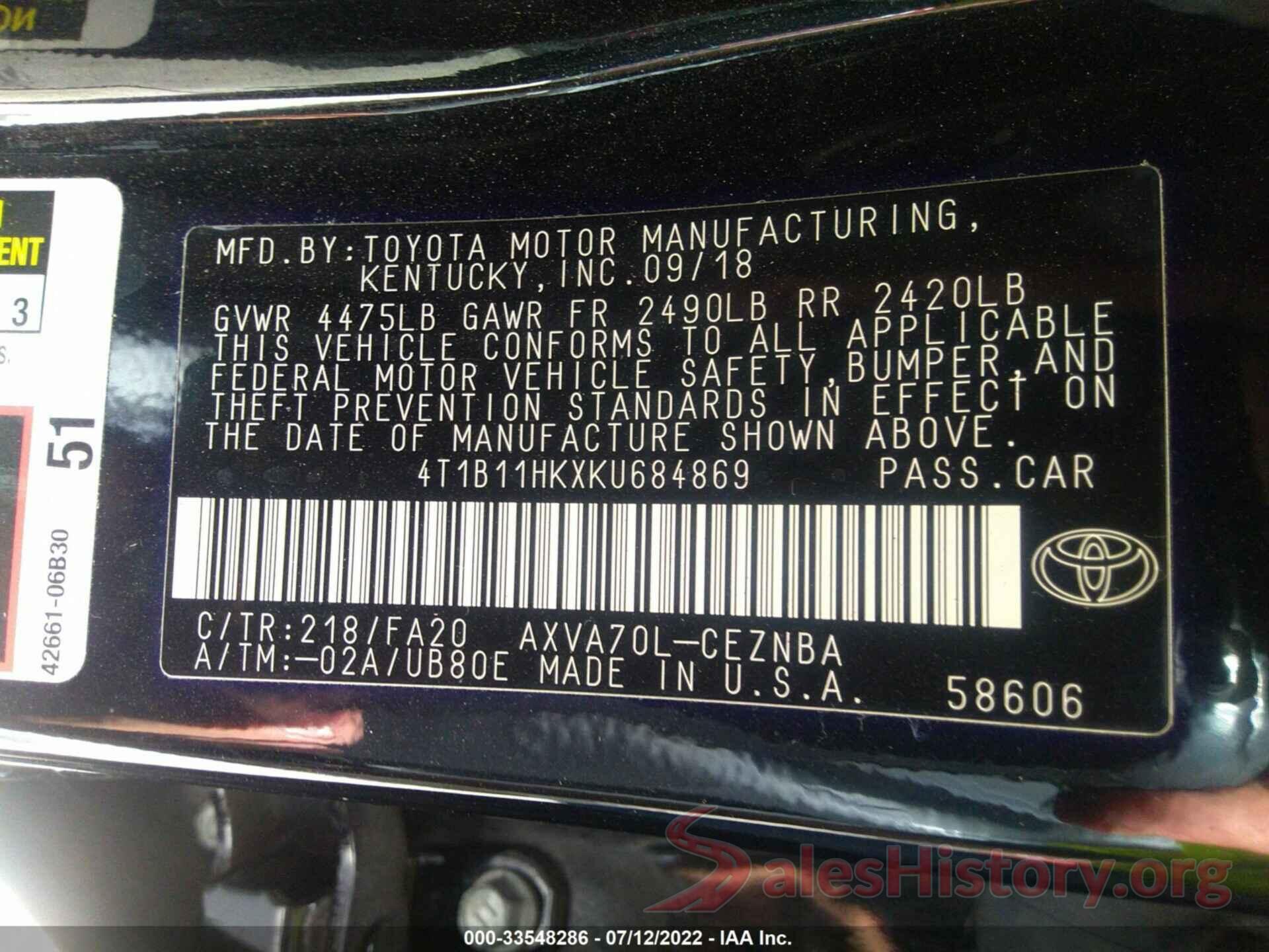 4T1B11HKXKU684869 2019 TOYOTA CAMRY