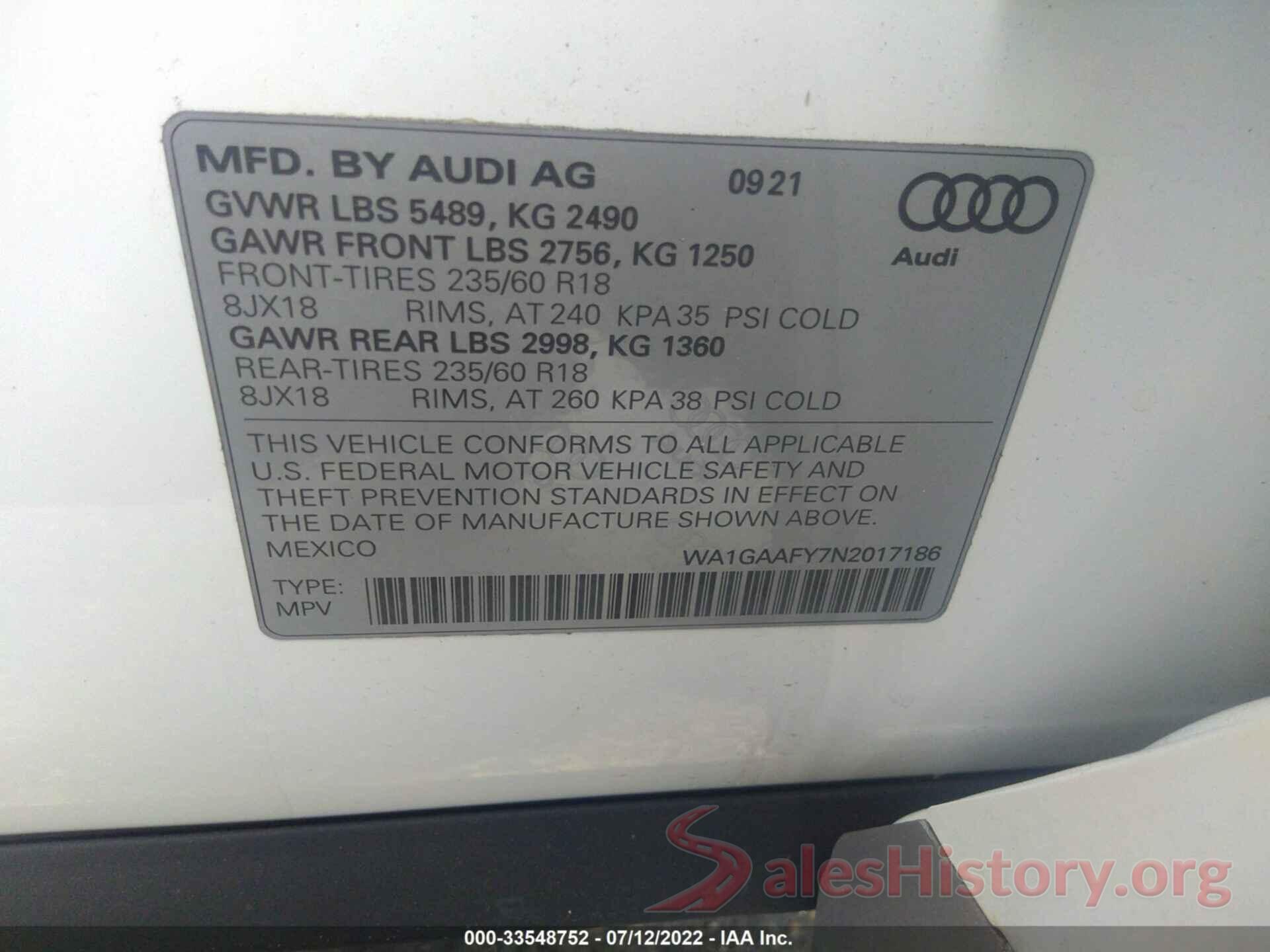 WA1GAAFY7N2017186 2022 AUDI Q5