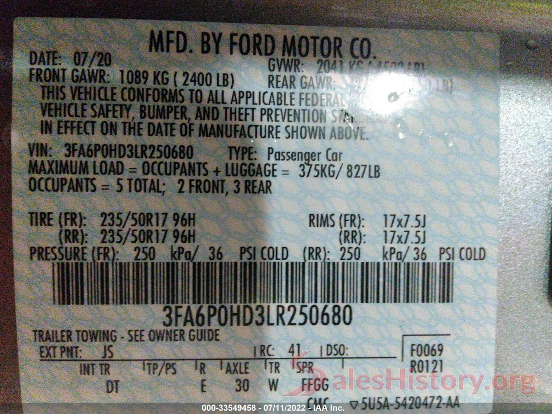 3FA6P0HD3LR250680 2020 FORD FUSION