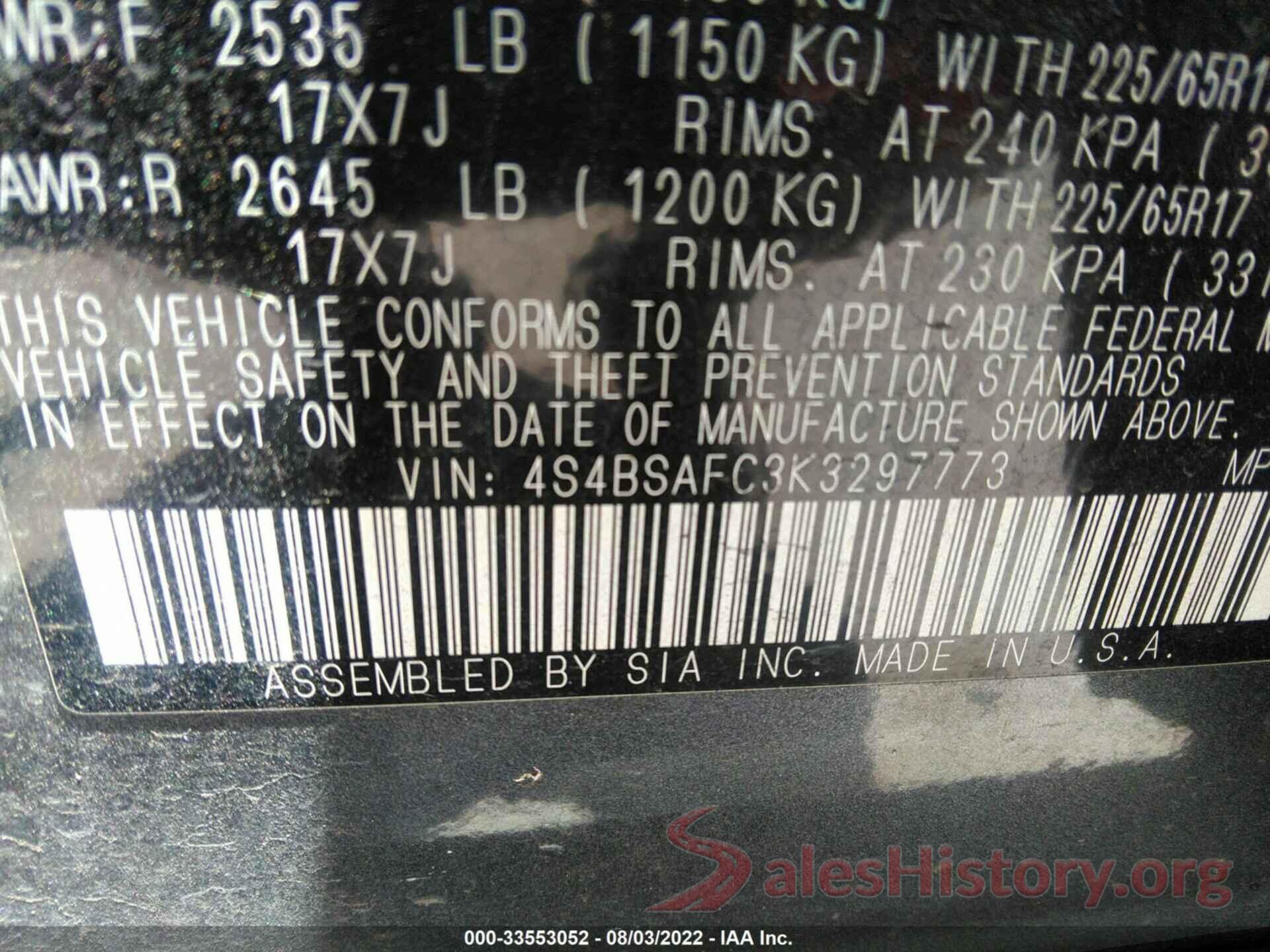 4S4BSAFC3K3297773 2019 SUBARU OUTBACK