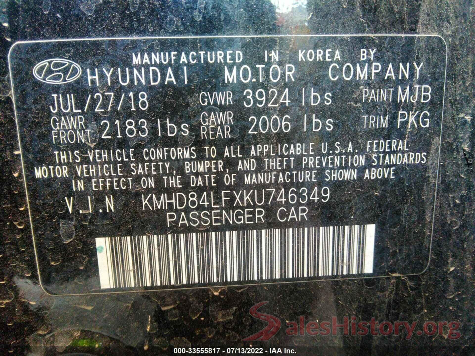 KMHD84LFXKU746349 2019 HYUNDAI ELANTRA