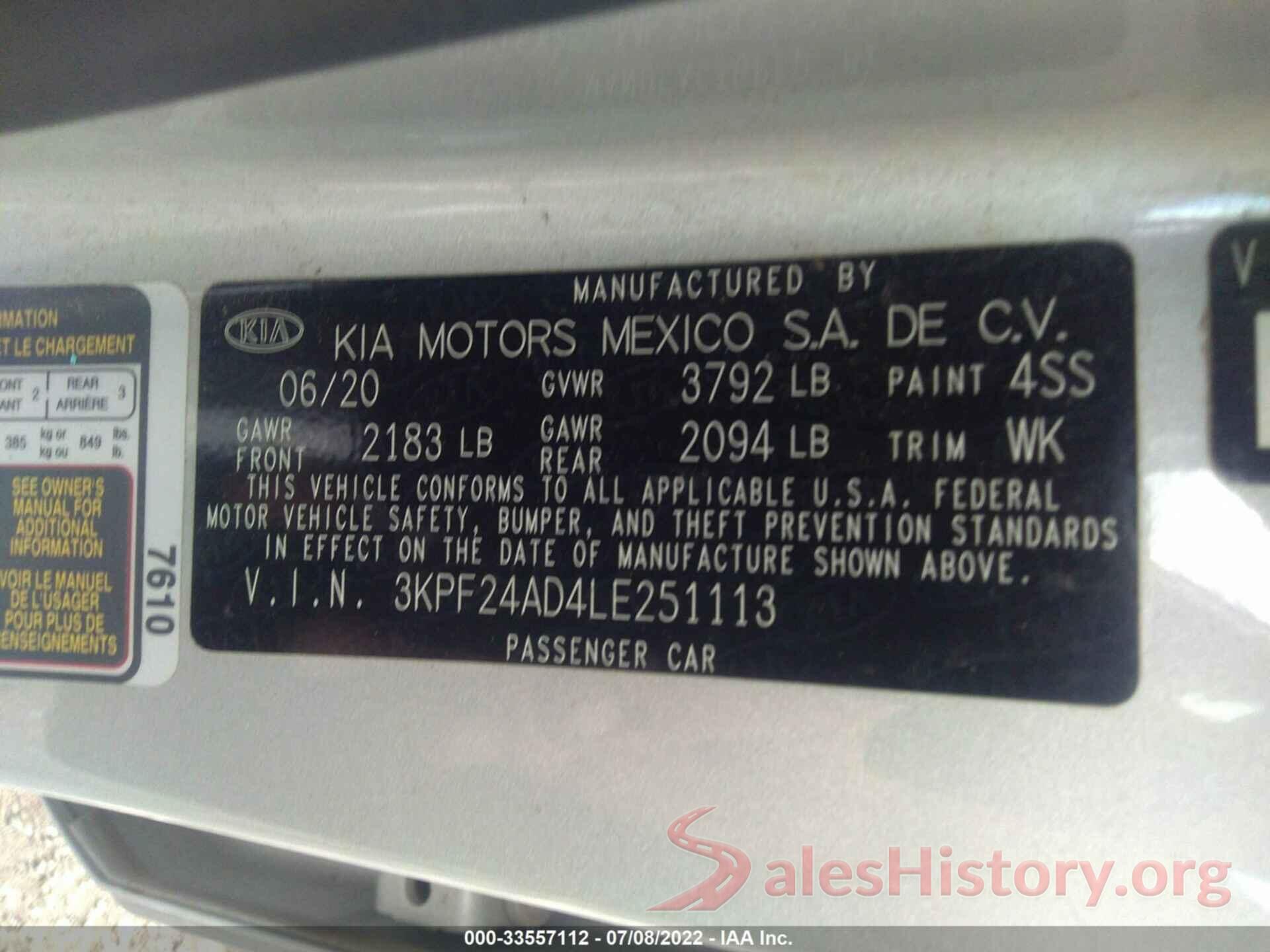 3KPF24AD4LE251113 2020 KIA FORTE