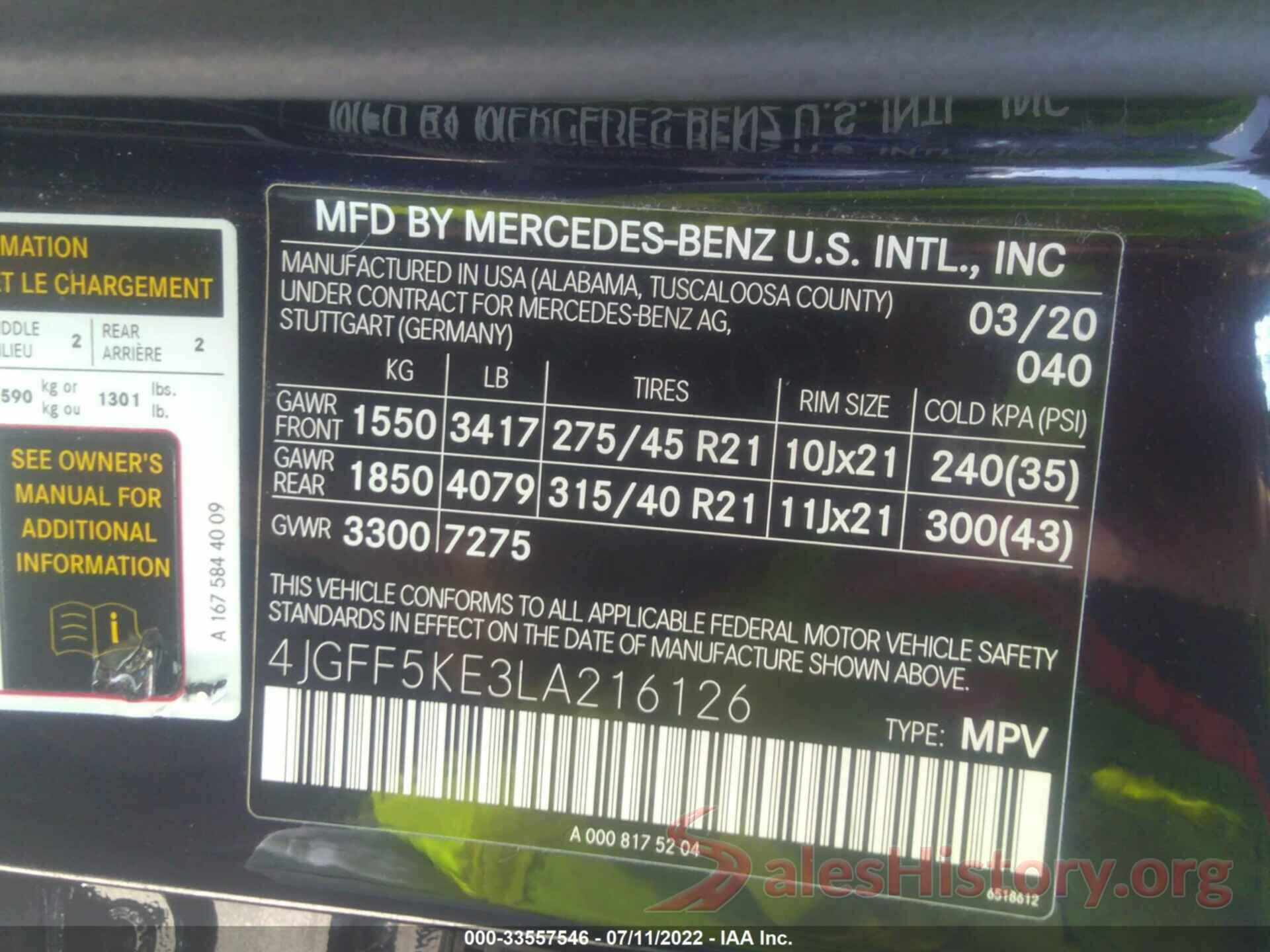 4JGFF5KE3LA216126 2020 MERCEDES-BENZ GLS