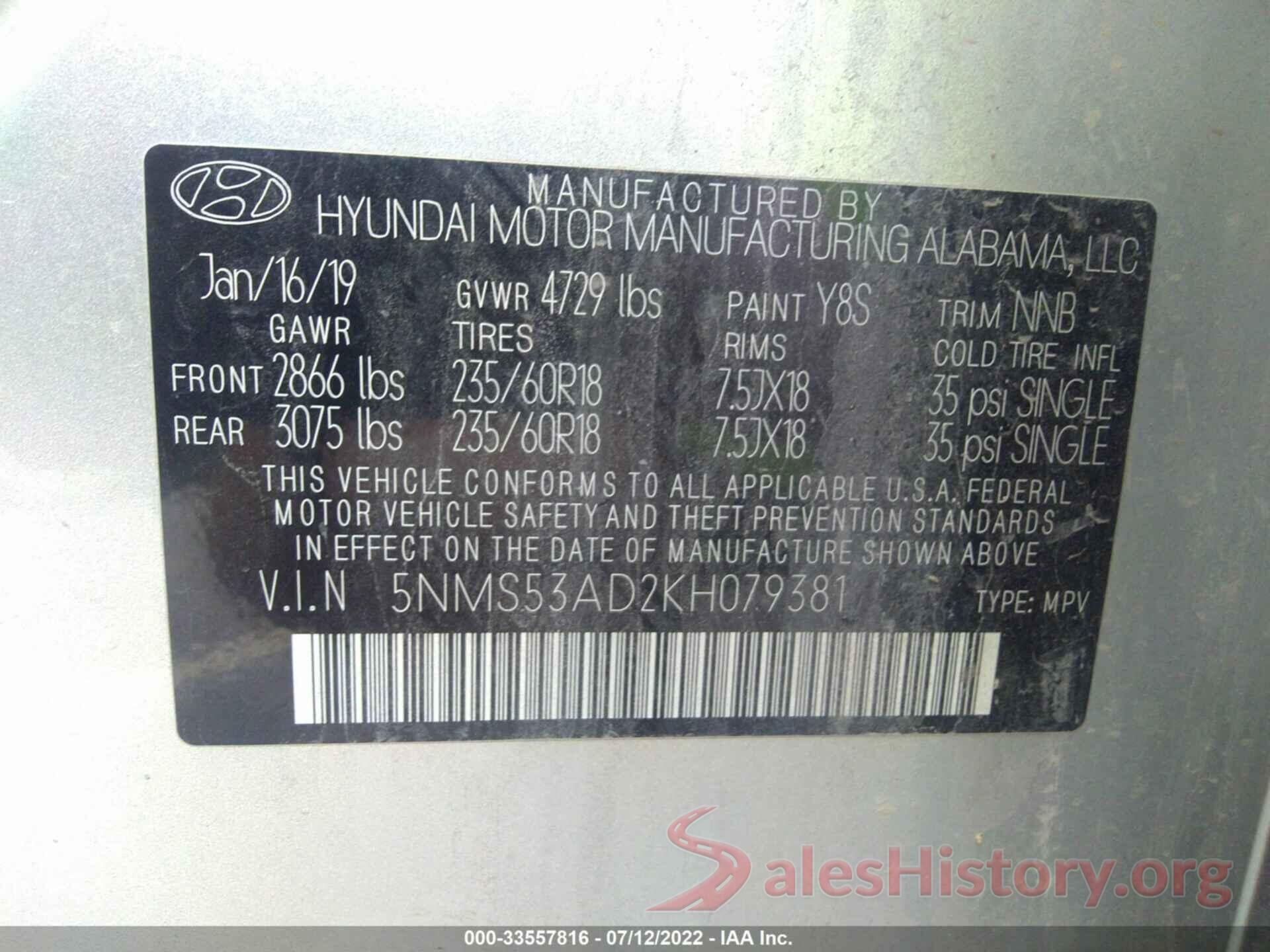 5NMS53AD2KH079381 2019 HYUNDAI SANTA FE