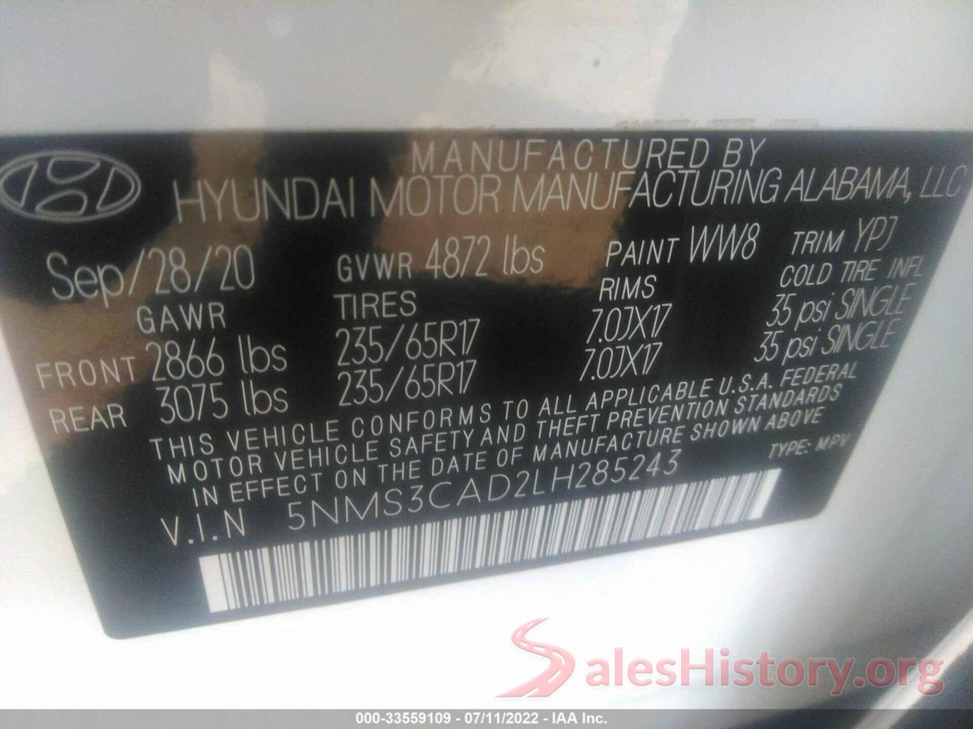 5NMS3CAD2LH285243 2020 HYUNDAI SANTA FE