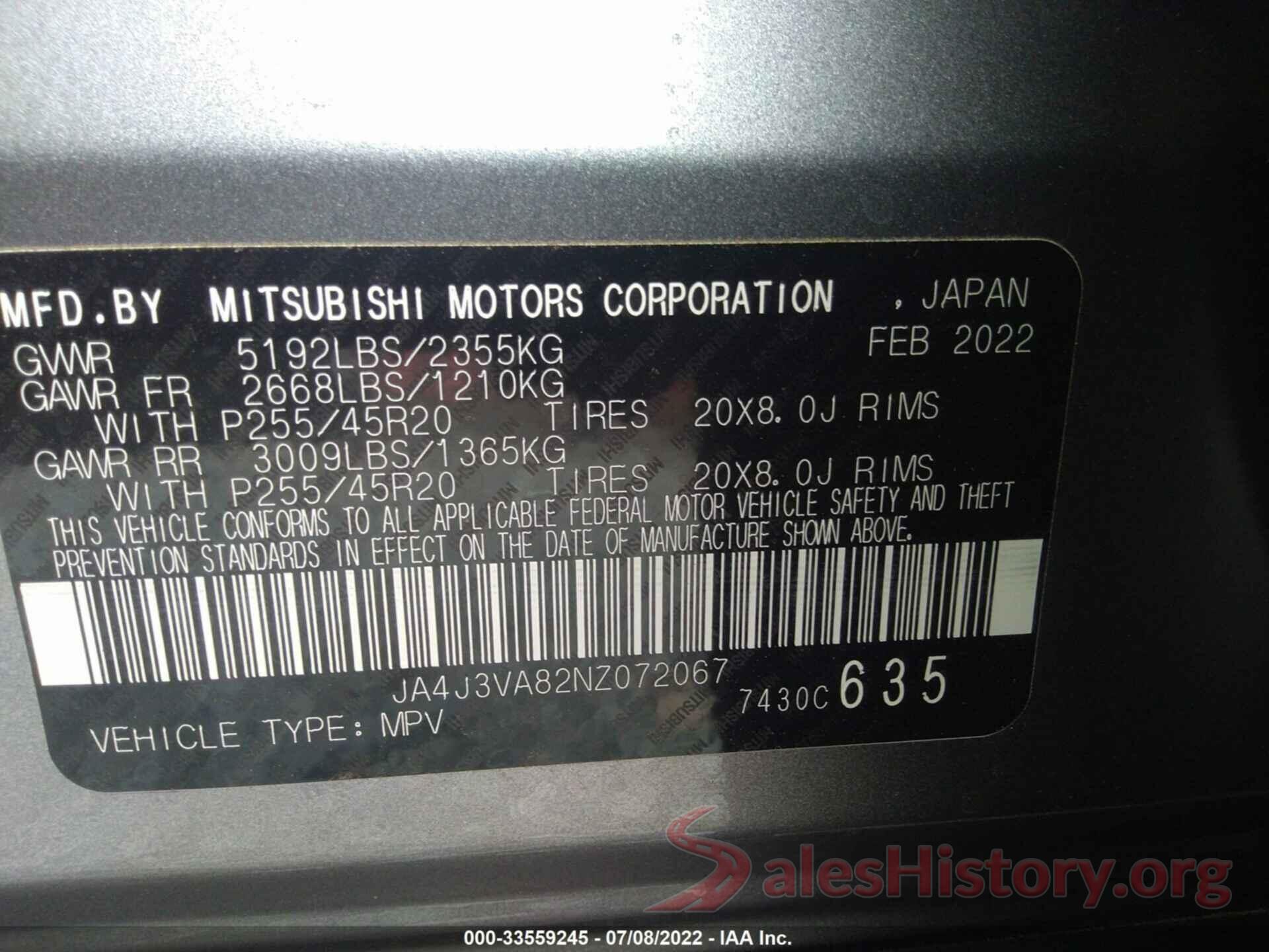 JA4J3VA82NZ072067 2022 MITSUBISHI OUTLANDER