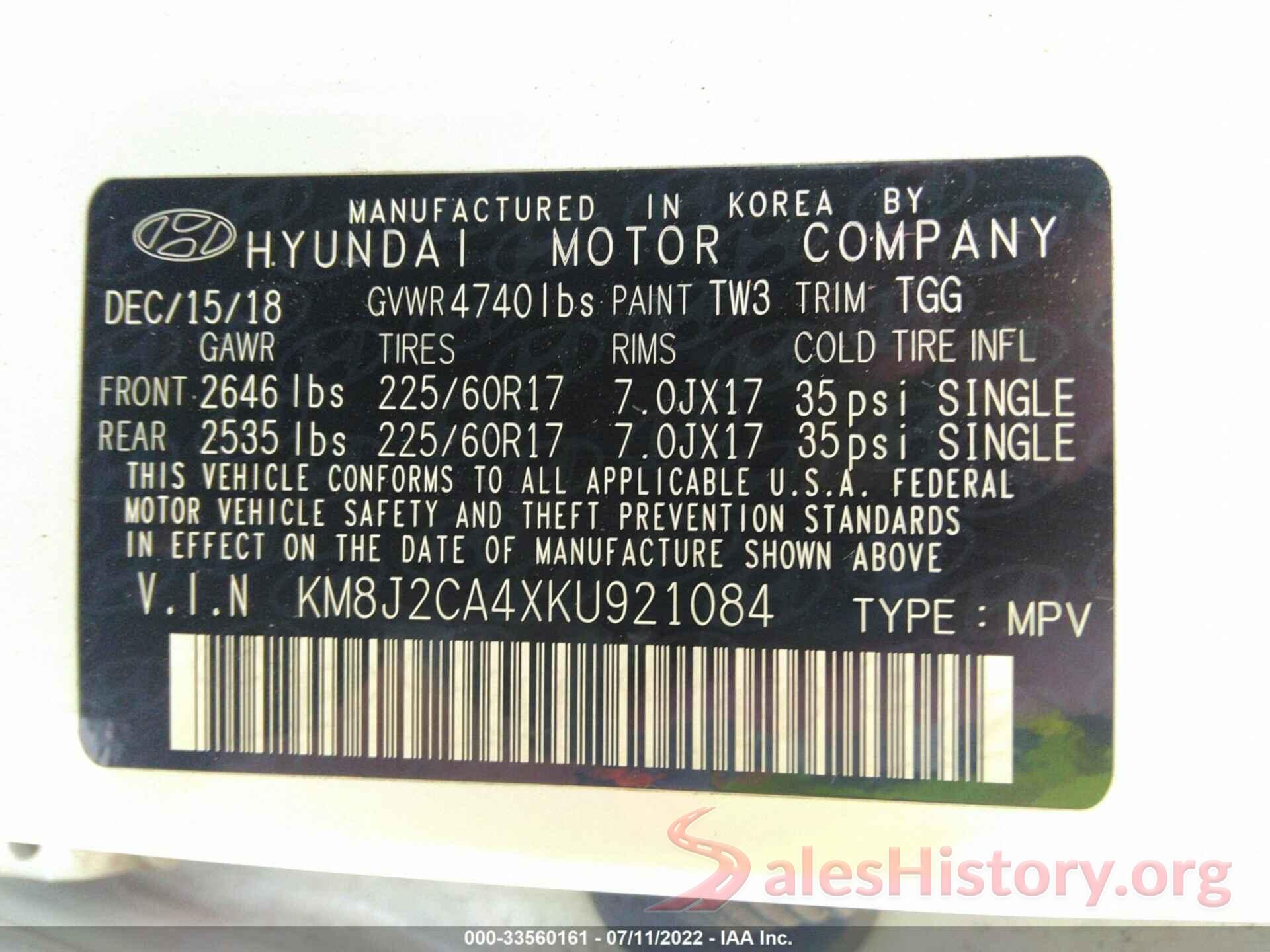 KM8J2CA4XKU921084 2019 HYUNDAI TUCSON