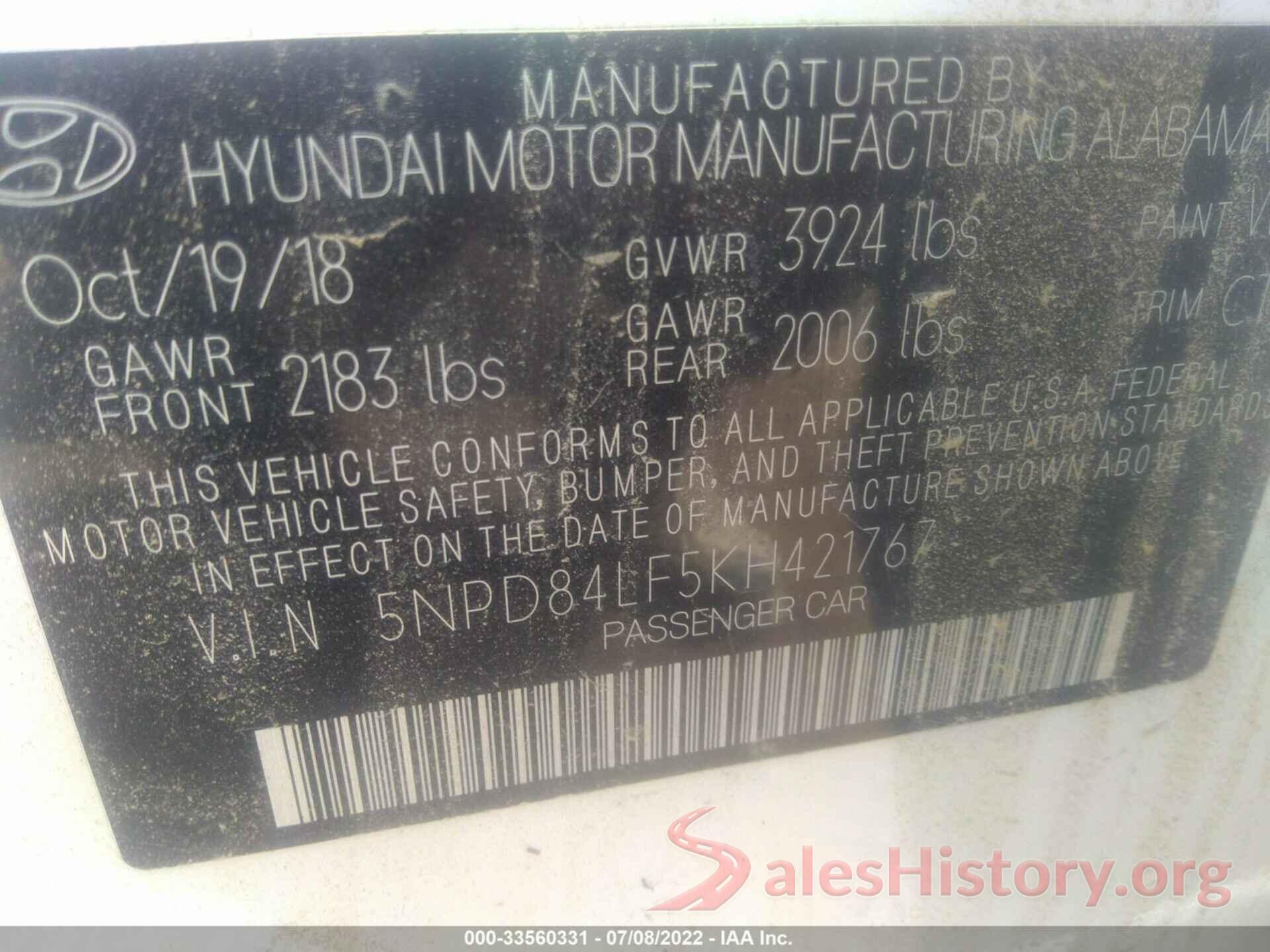 5NPD84LF5KH421767 2019 HYUNDAI ELANTRA