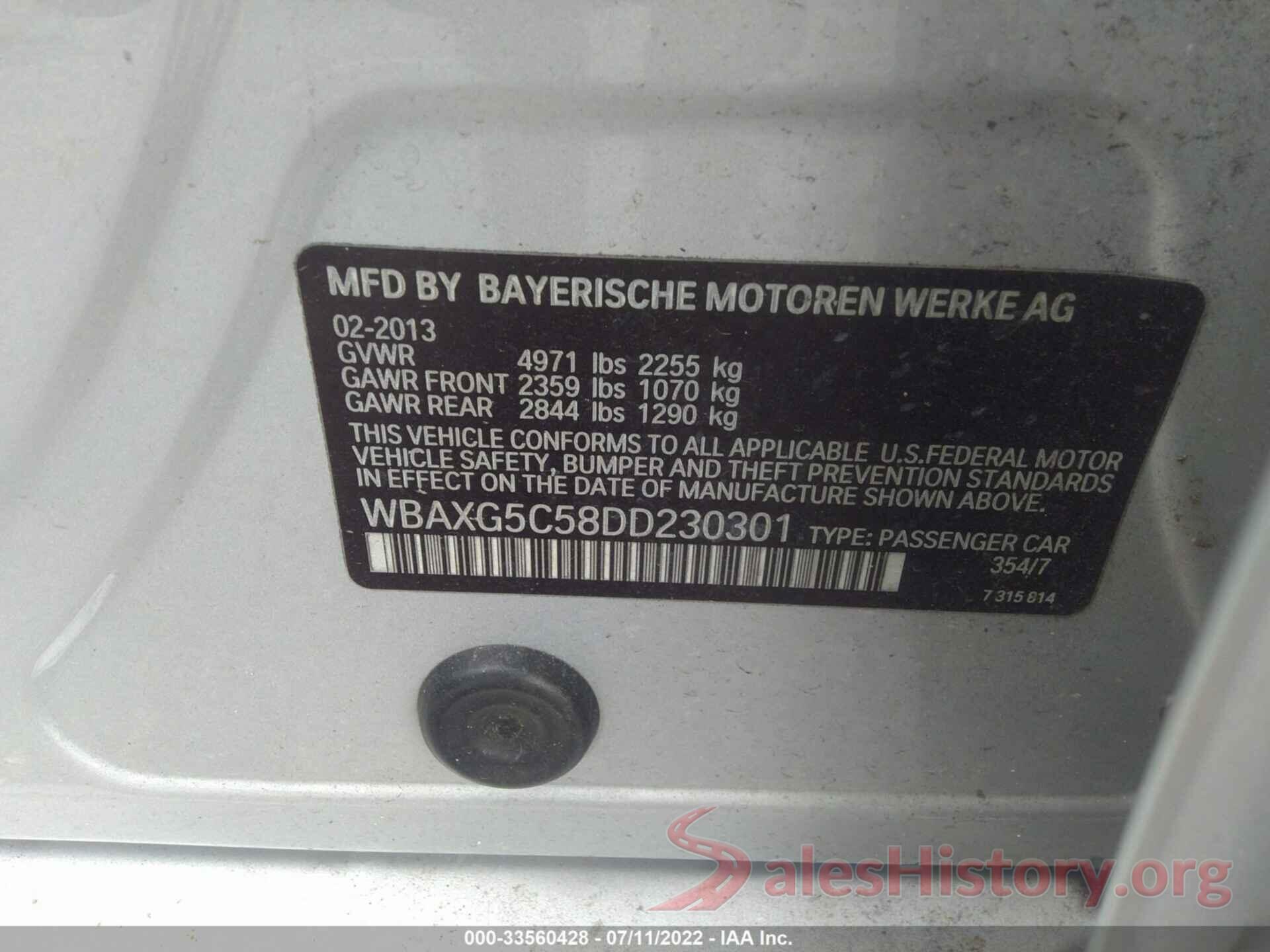 WBAXG5C58DD230301 2013 BMW 5 SERIES