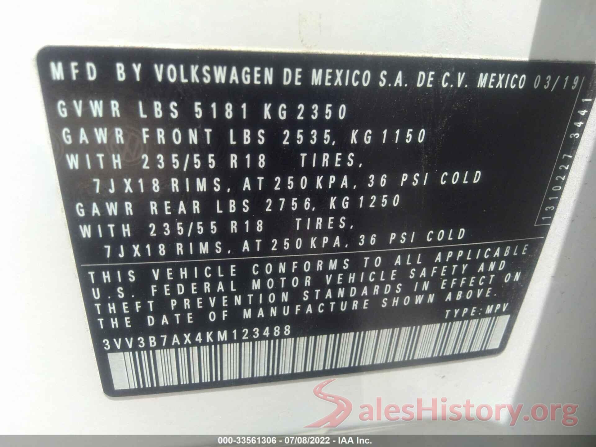 3VV3B7AX4KM123488 2019 VOLKSWAGEN TIGUAN