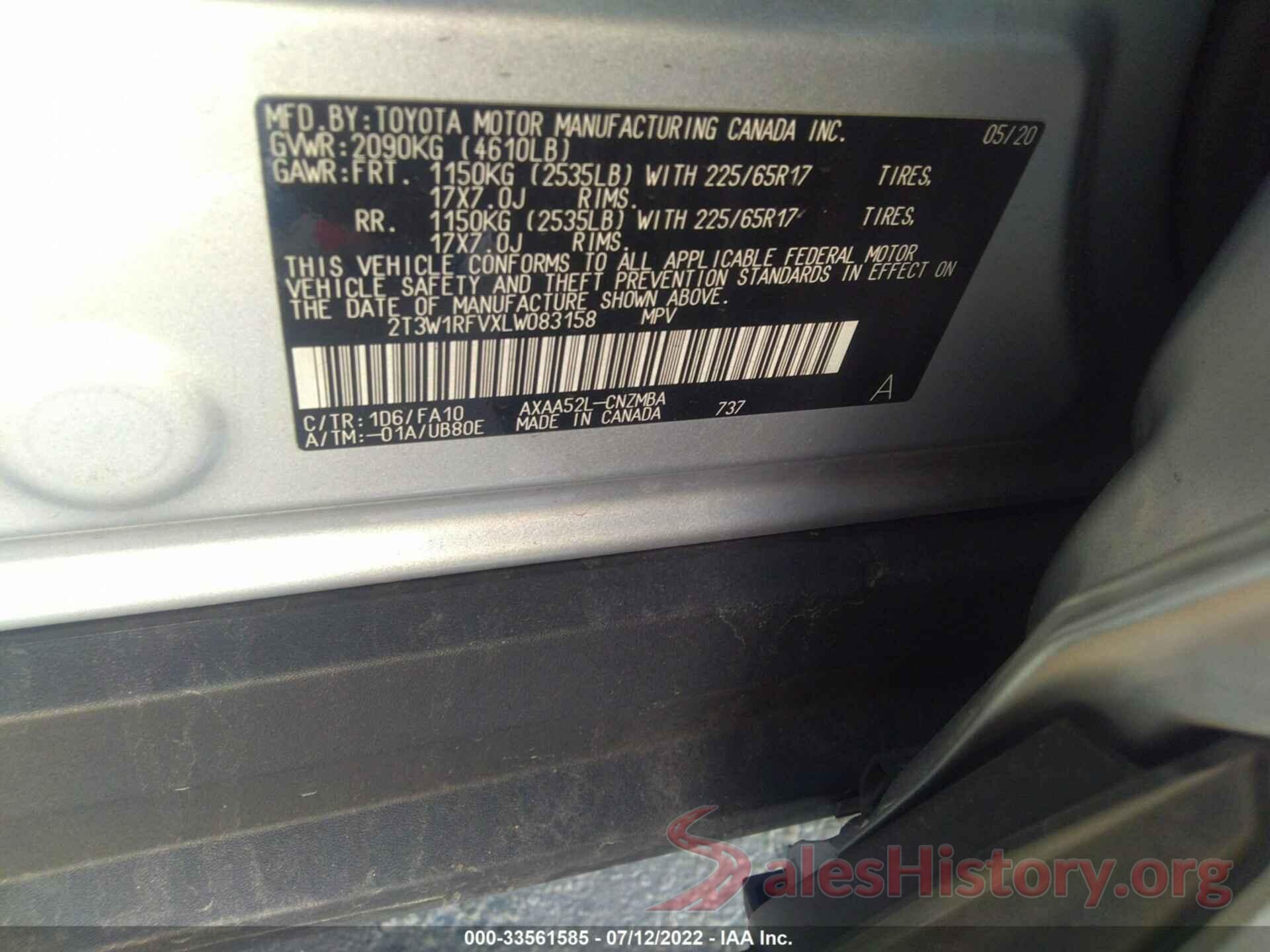 2T3W1RFVXLW083158 2020 TOYOTA RAV4