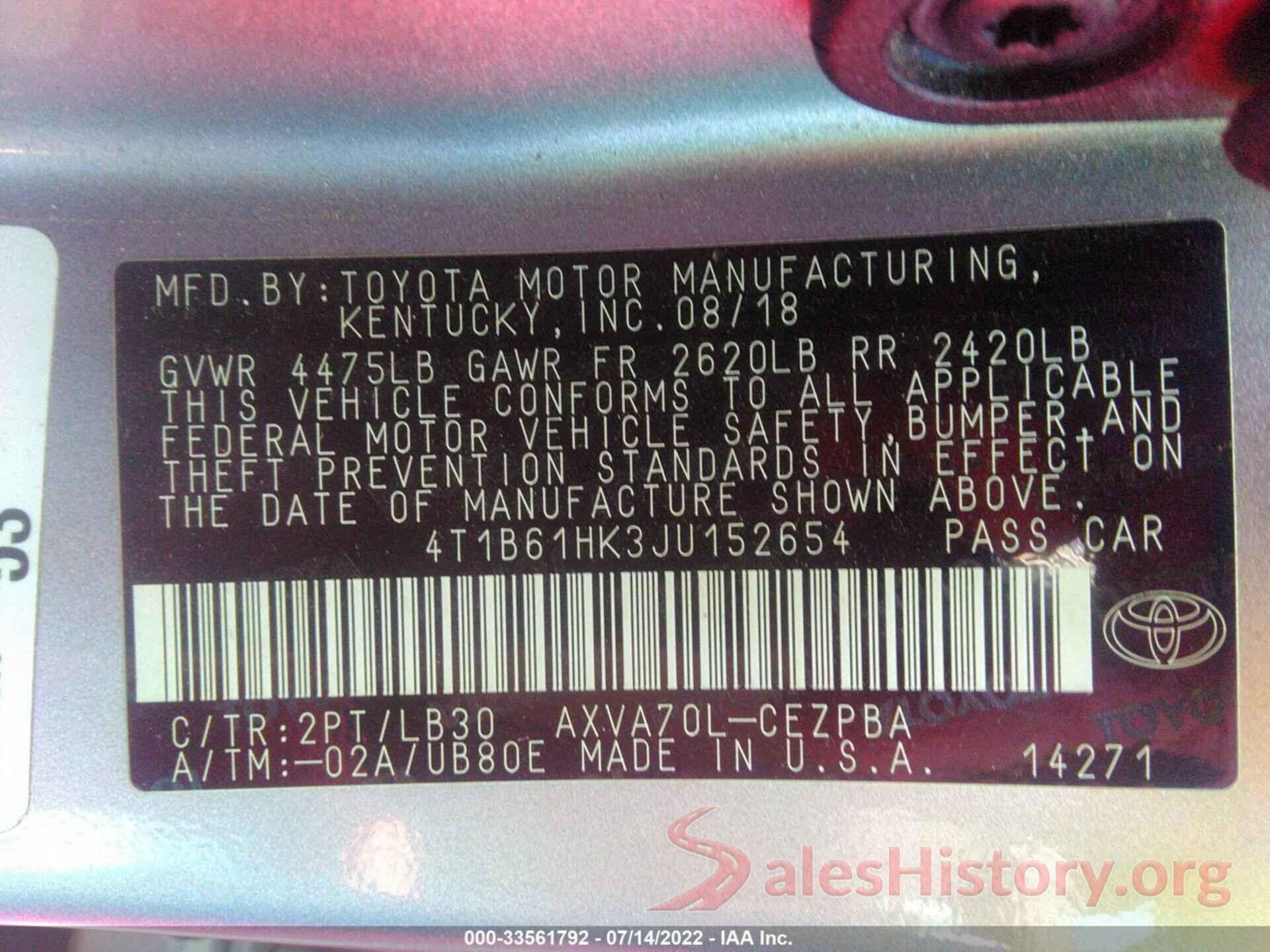 4T1B61HK3JU152654 2018 TOYOTA CAMRY