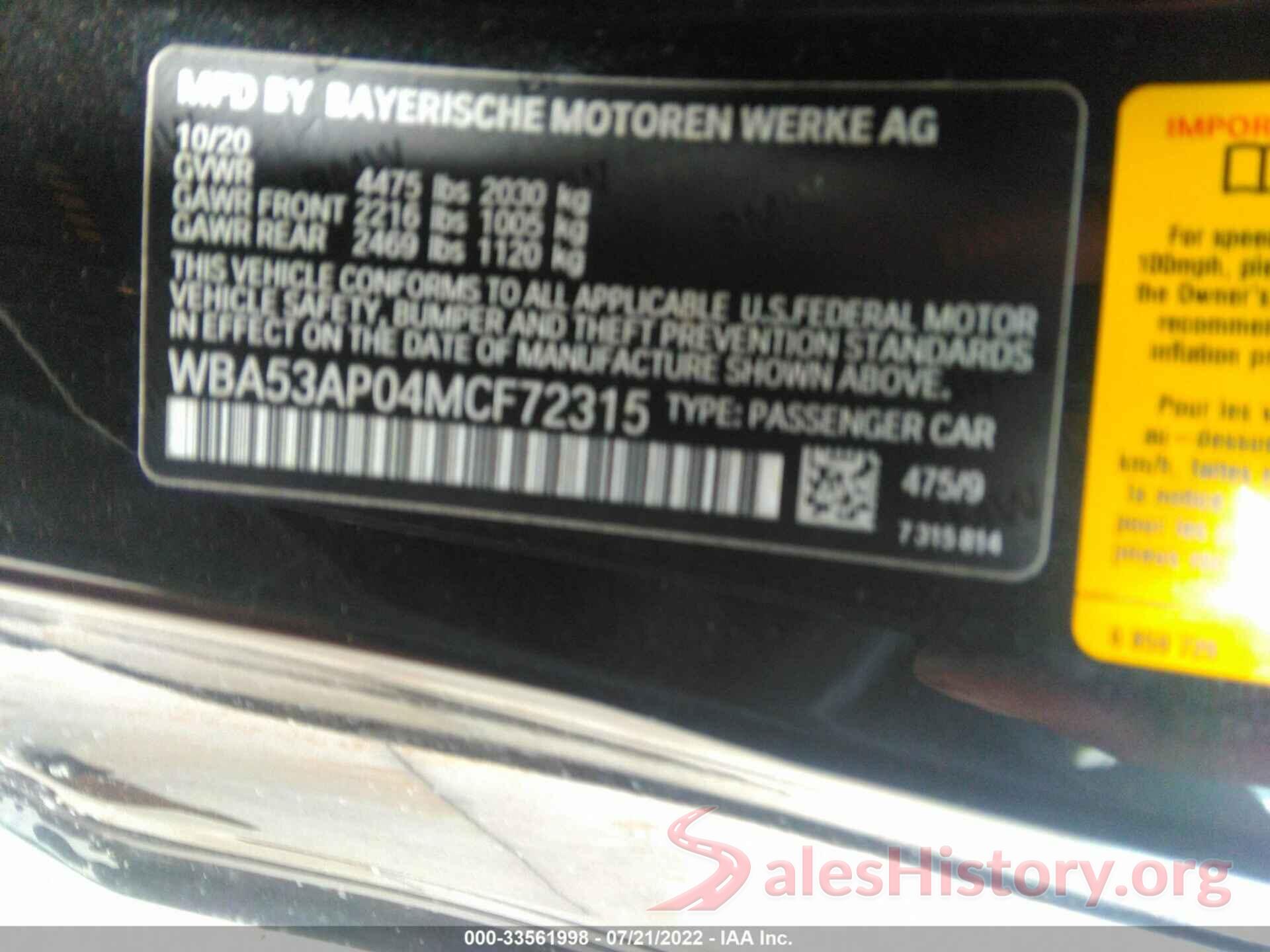 WBA53AP04MCF72315 2021 BMW 4 SERIES