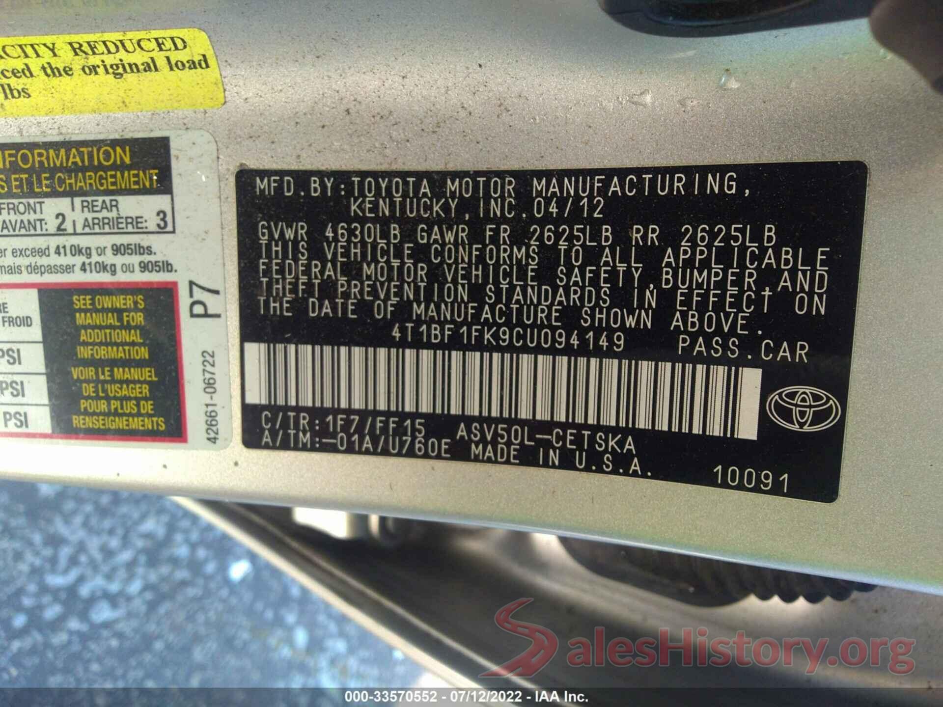 4T1BF1FK9CU094149 2012 TOYOTA CAMRY