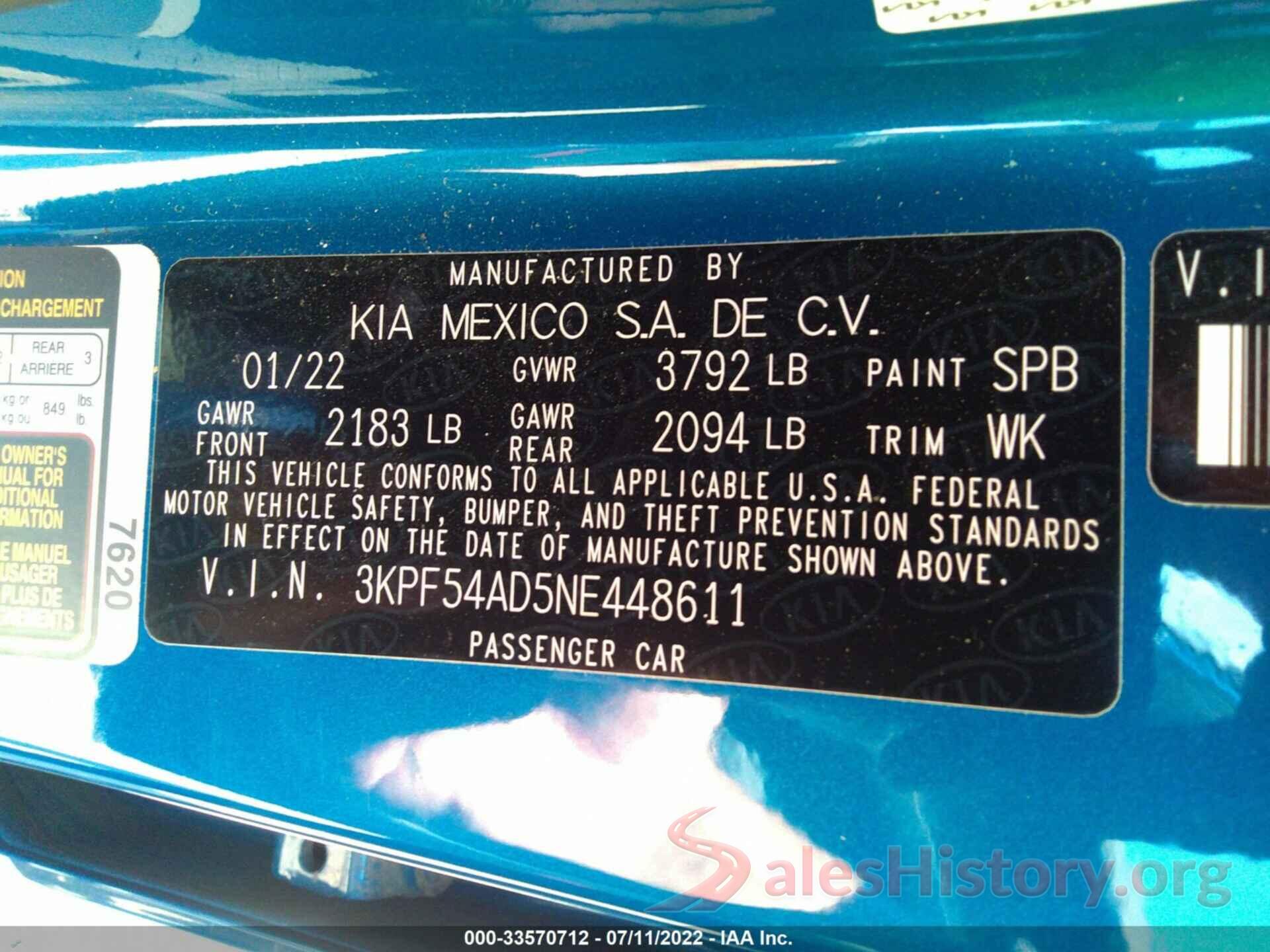 3KPF54AD5NE448611 2022 KIA FORTE