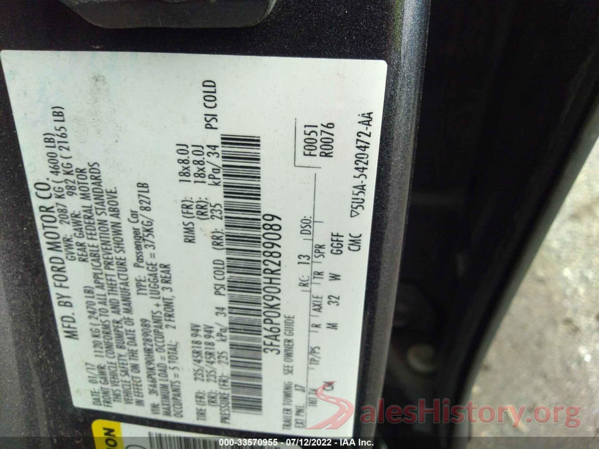 3FA6P0K90HR289089 2017 FORD FUSION