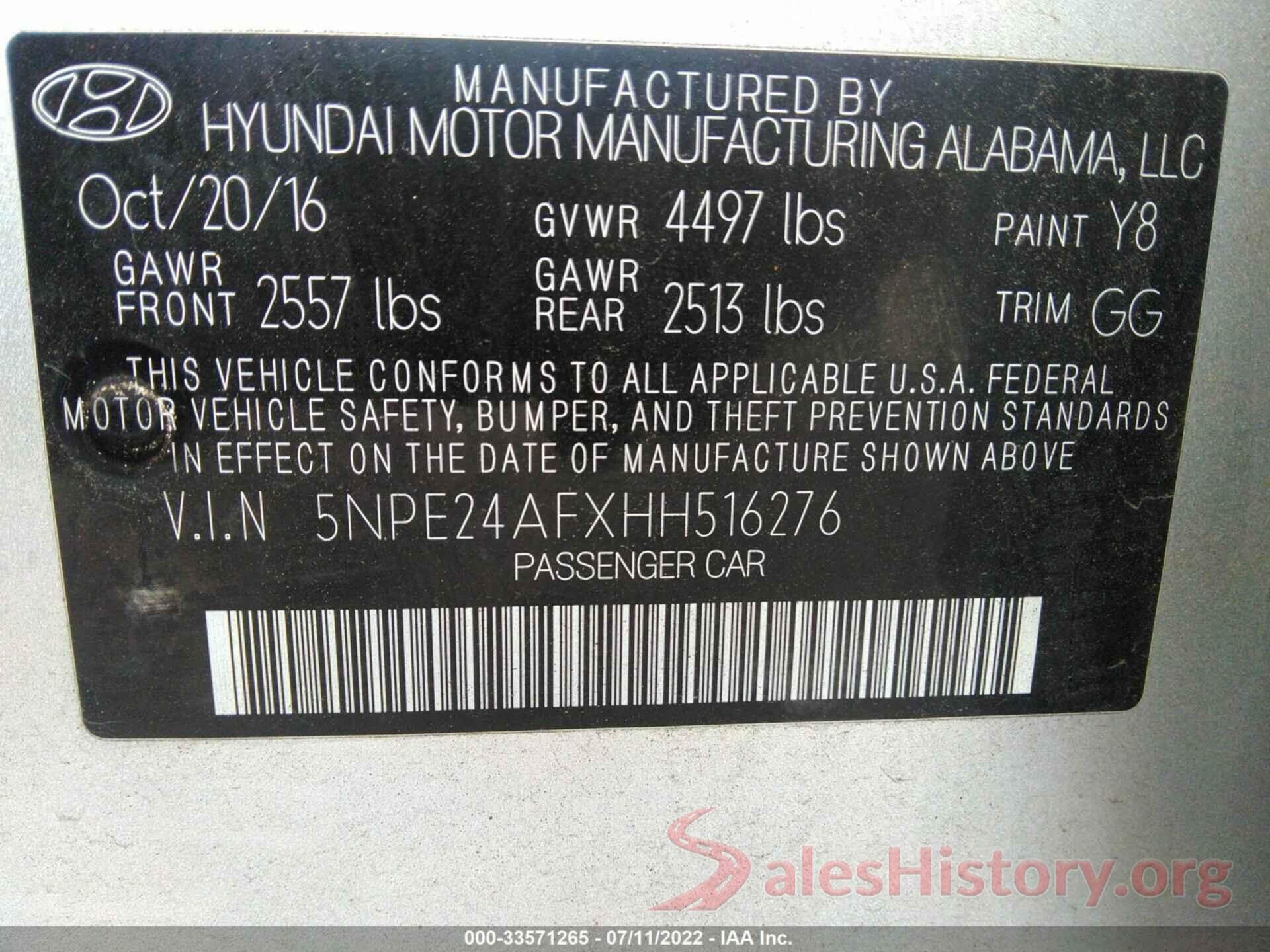 5NPE24AFXHH516276 2017 HYUNDAI SONATA